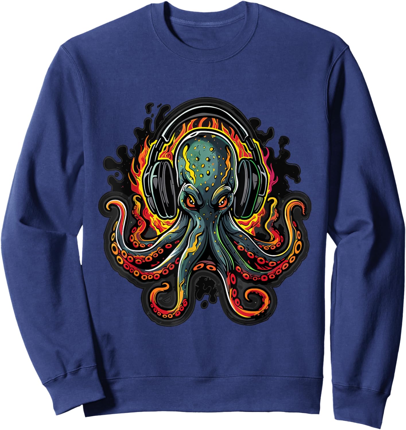 Fire Octopus DJ EDM Summer Rave Sweatshirt - Sweatshirt | Navy