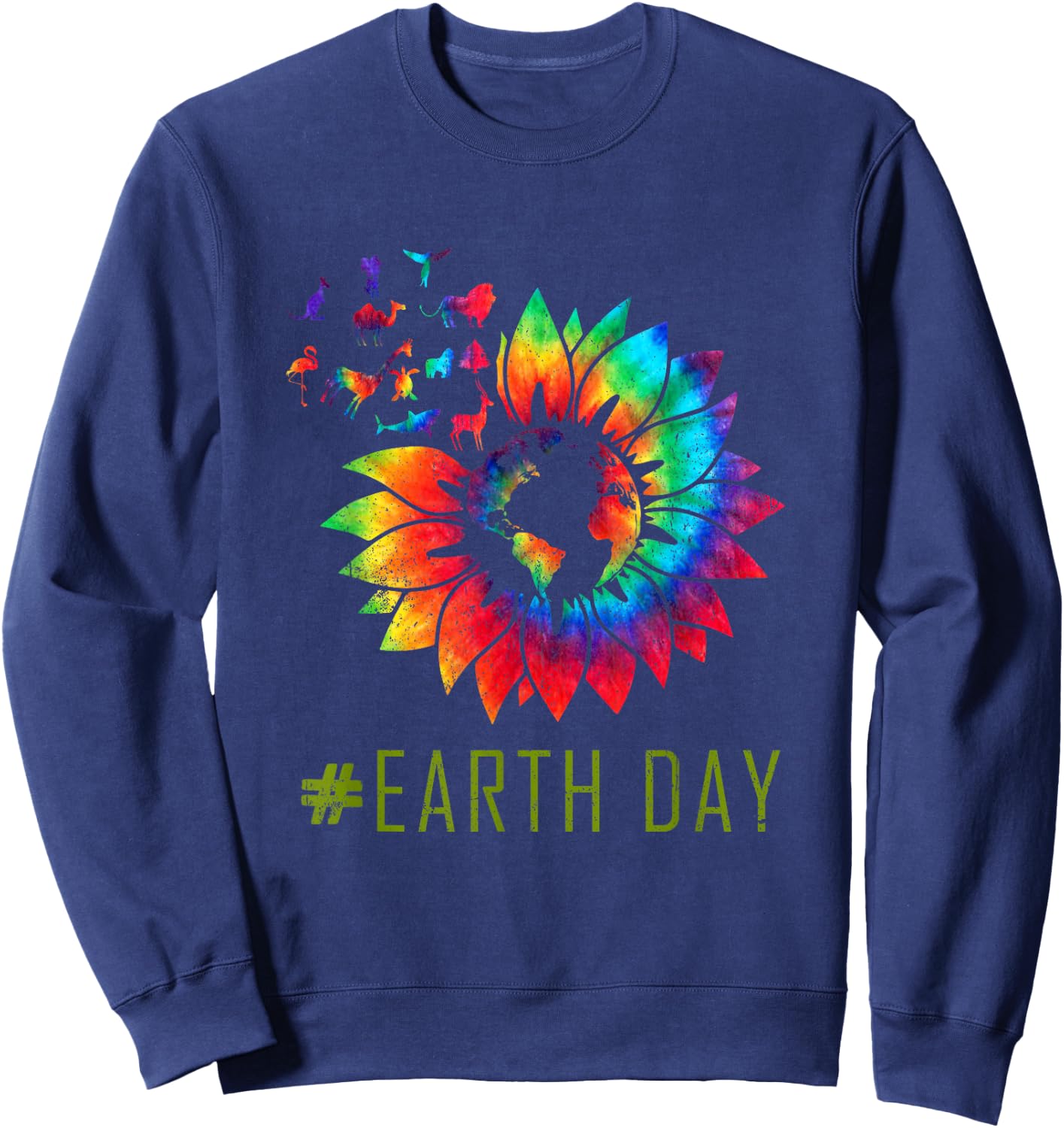 Earth Day Hippie Tie Dye Sunflower Earth Animals Outfit Sweatshirt - Sweatshirt | Navy