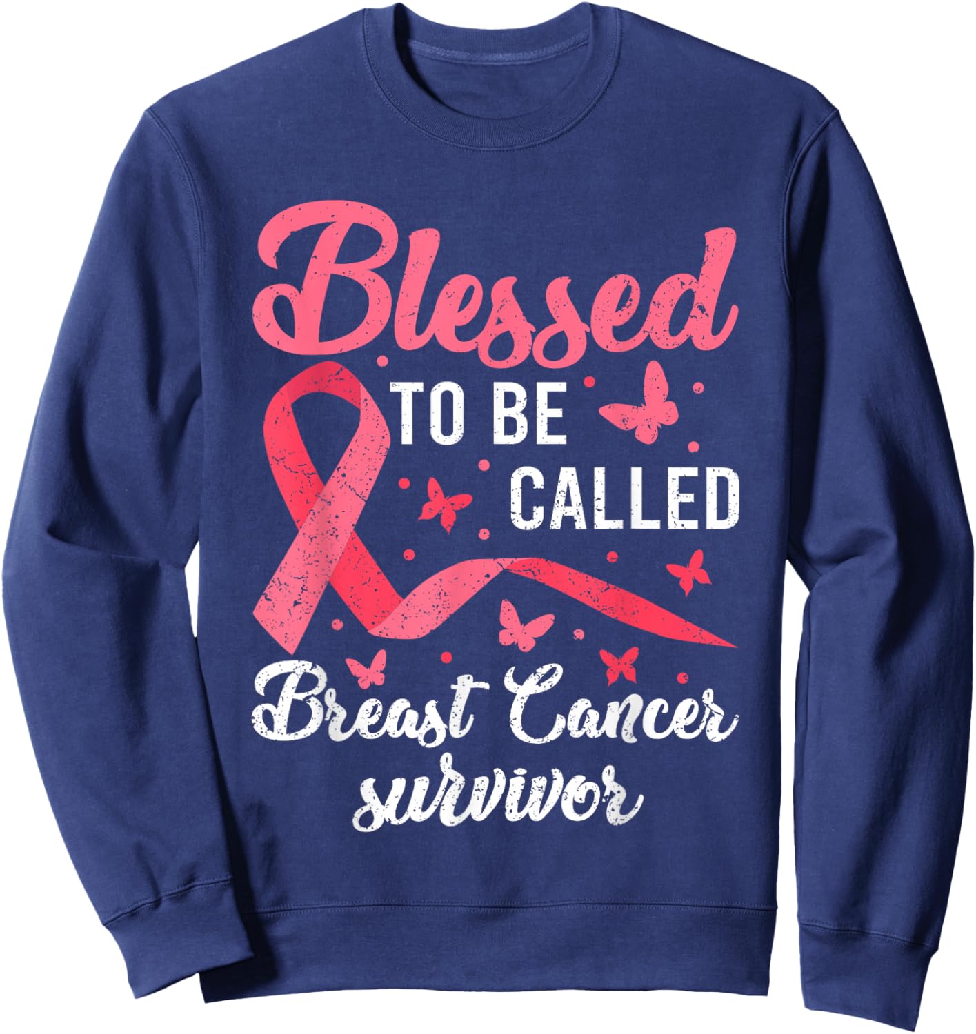 Blessed With Cancer Shirts, Pink Butterfly Breast Cancer Sweatshirt - Sweatshirt | Navy