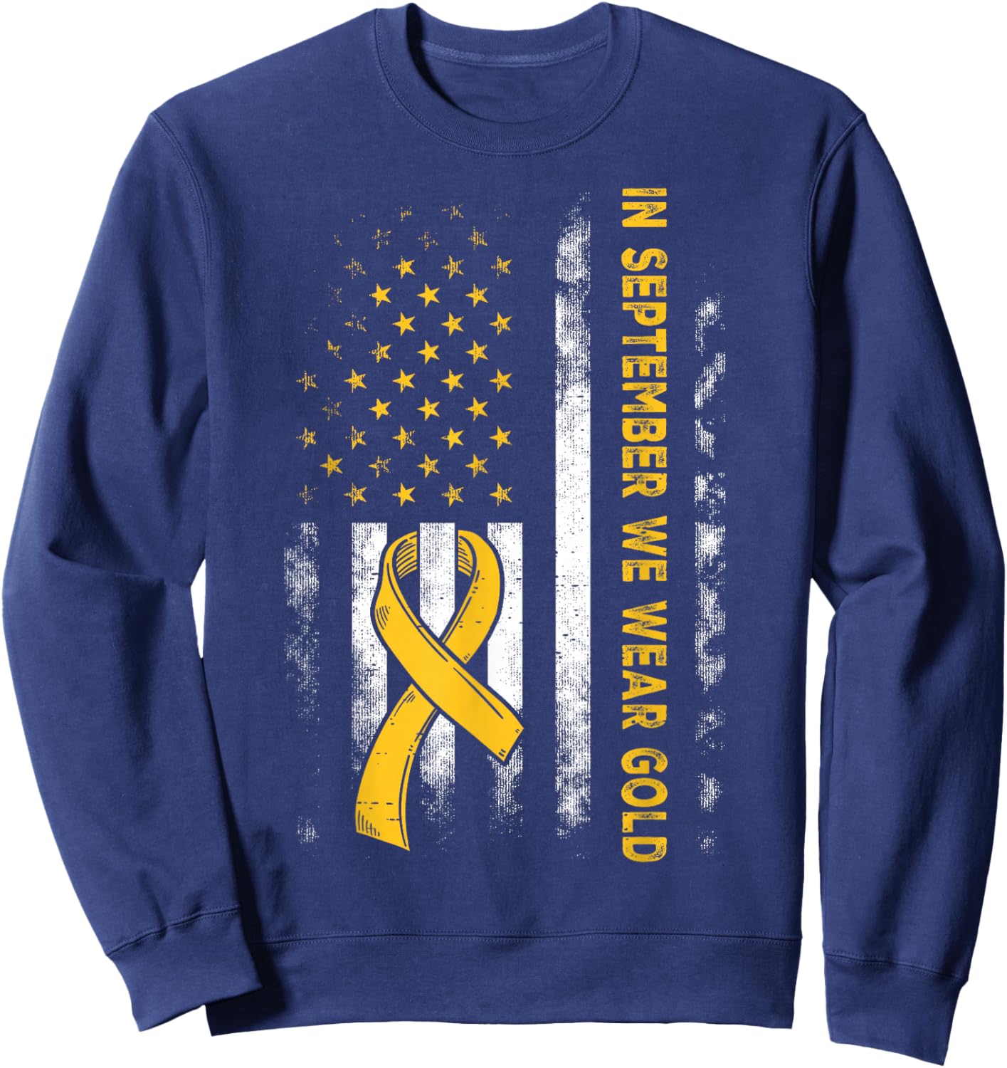 In September We Wear Gold Us Flag Childhood Cancer Awareness Sweatshirt - Sweatshirt | Navy