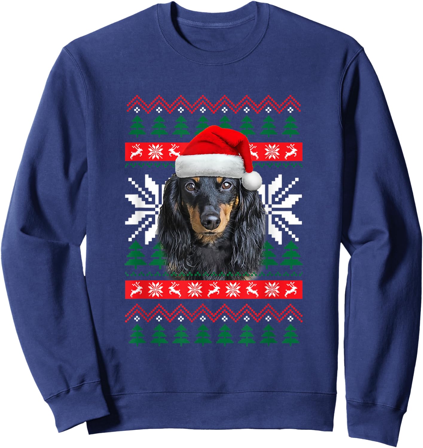 Dachshund Ugly Christmas Sweater Style Santa Hat Doxie Dog Men Women Kids Sweatshirt - Sweatshirt | Navy