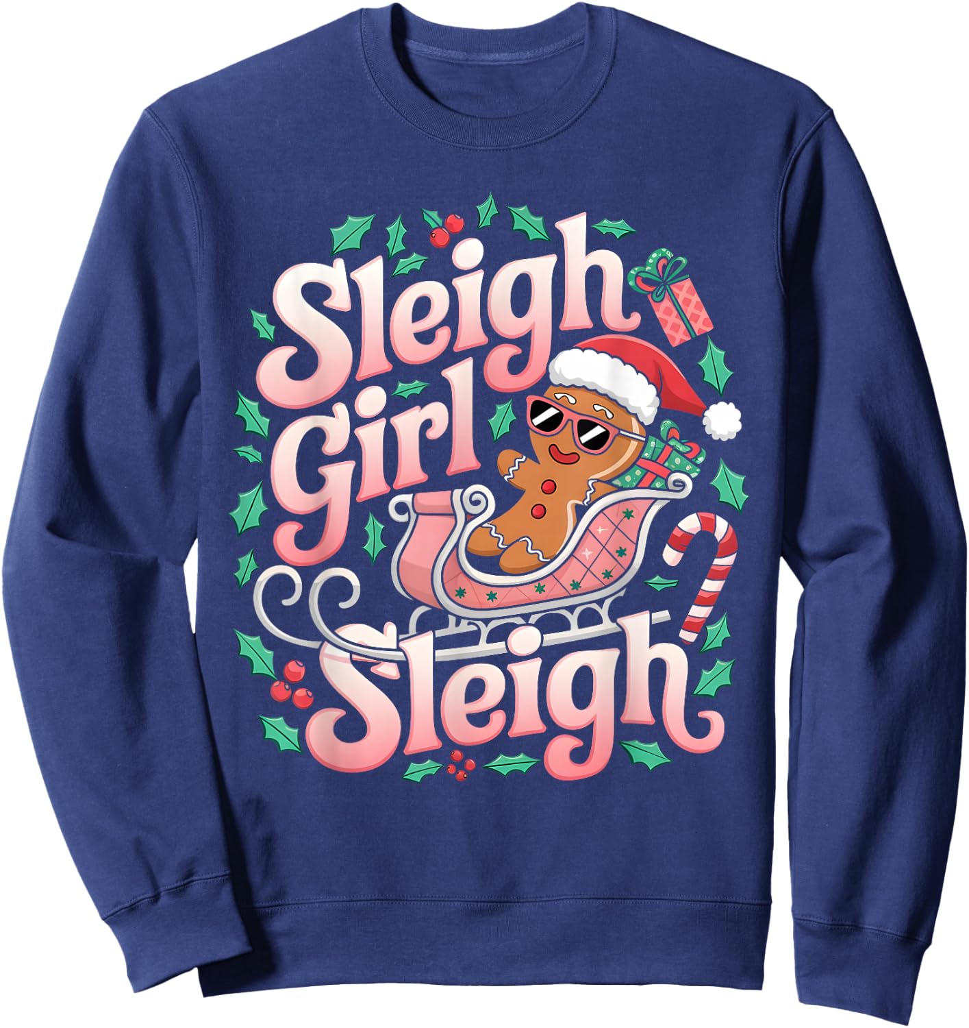 Groovy Pink Christmas Sleigh Girl Sleigh Gingerbread Holiday Sweatshirt - Sweatshirt | Navy
