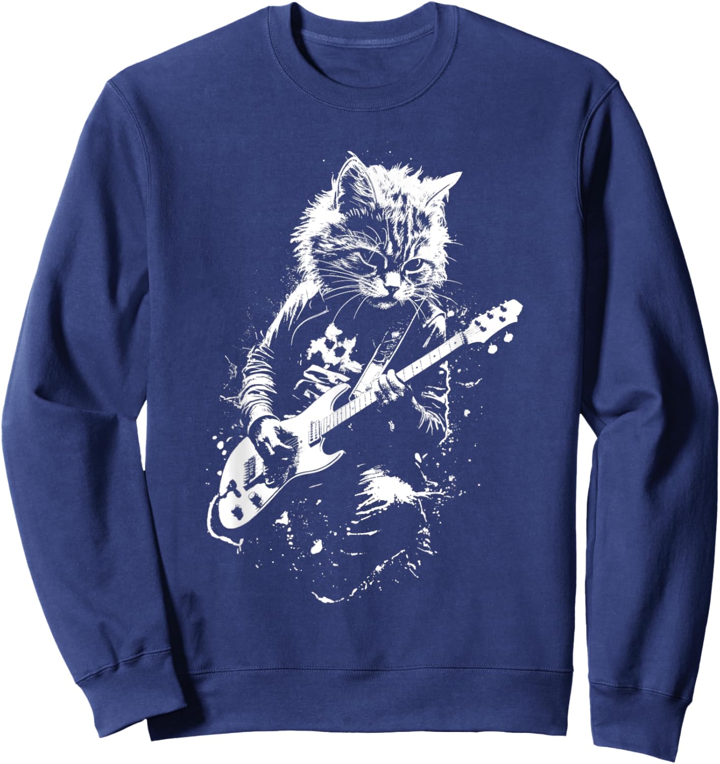 Distressed Cat Playing Guitar Punk Rock & Roll Vintage Women Kids Sweatshirt - Sweatshirt | Navy