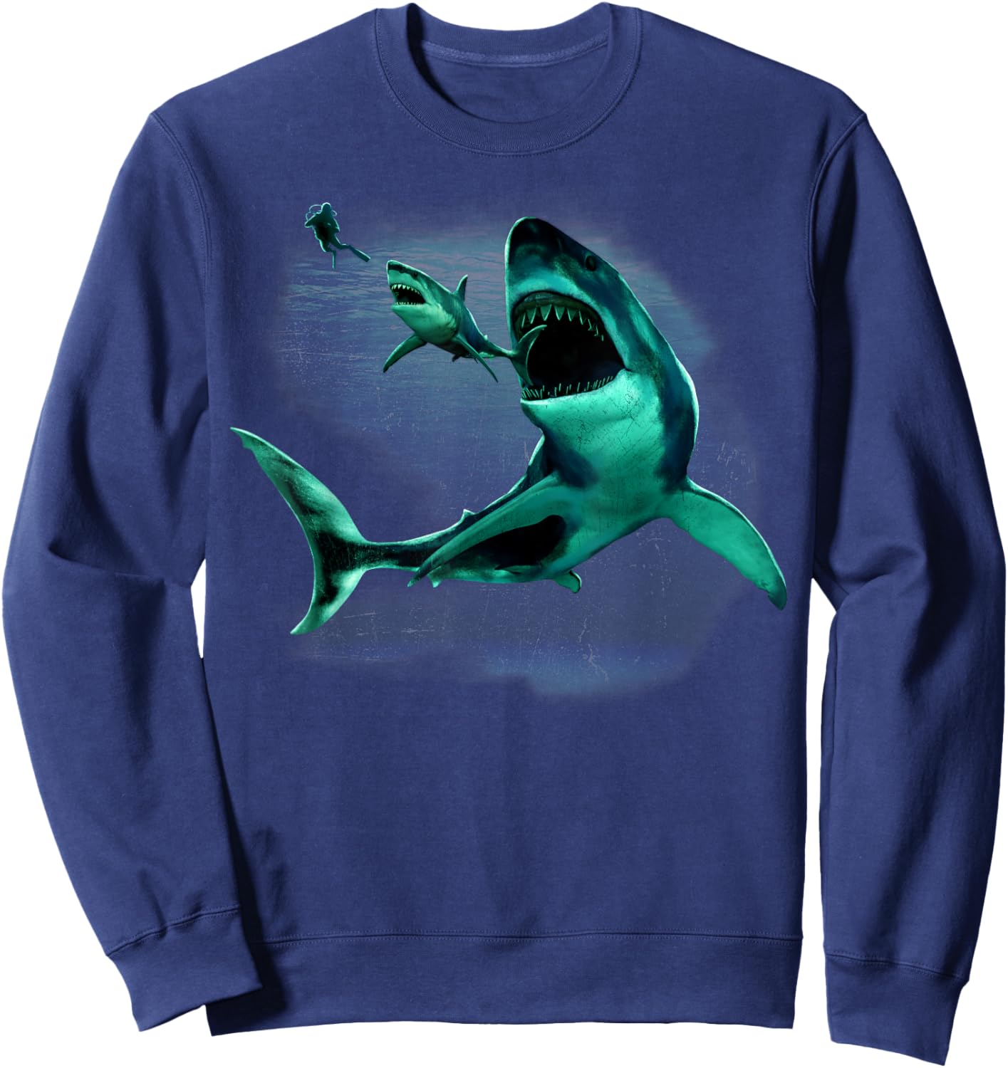 Scuba Diver, Great White Shark & Megalodon Shark Diving Sweatshirt - Sweatshirt | Navy