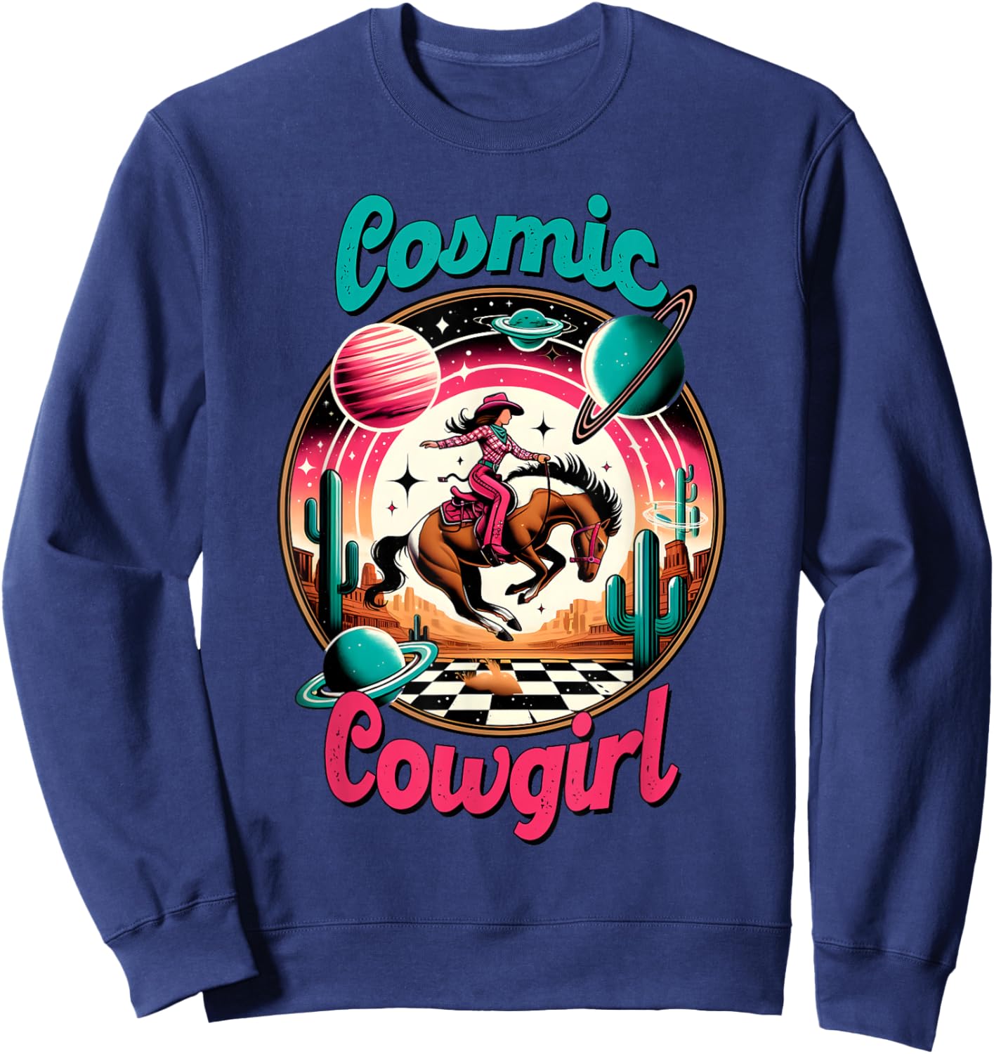 Cosmic Cowgirl Retro Astronaut Planets Outer Space Sci Fi Sweatshirt - Sweatshirt | Navy