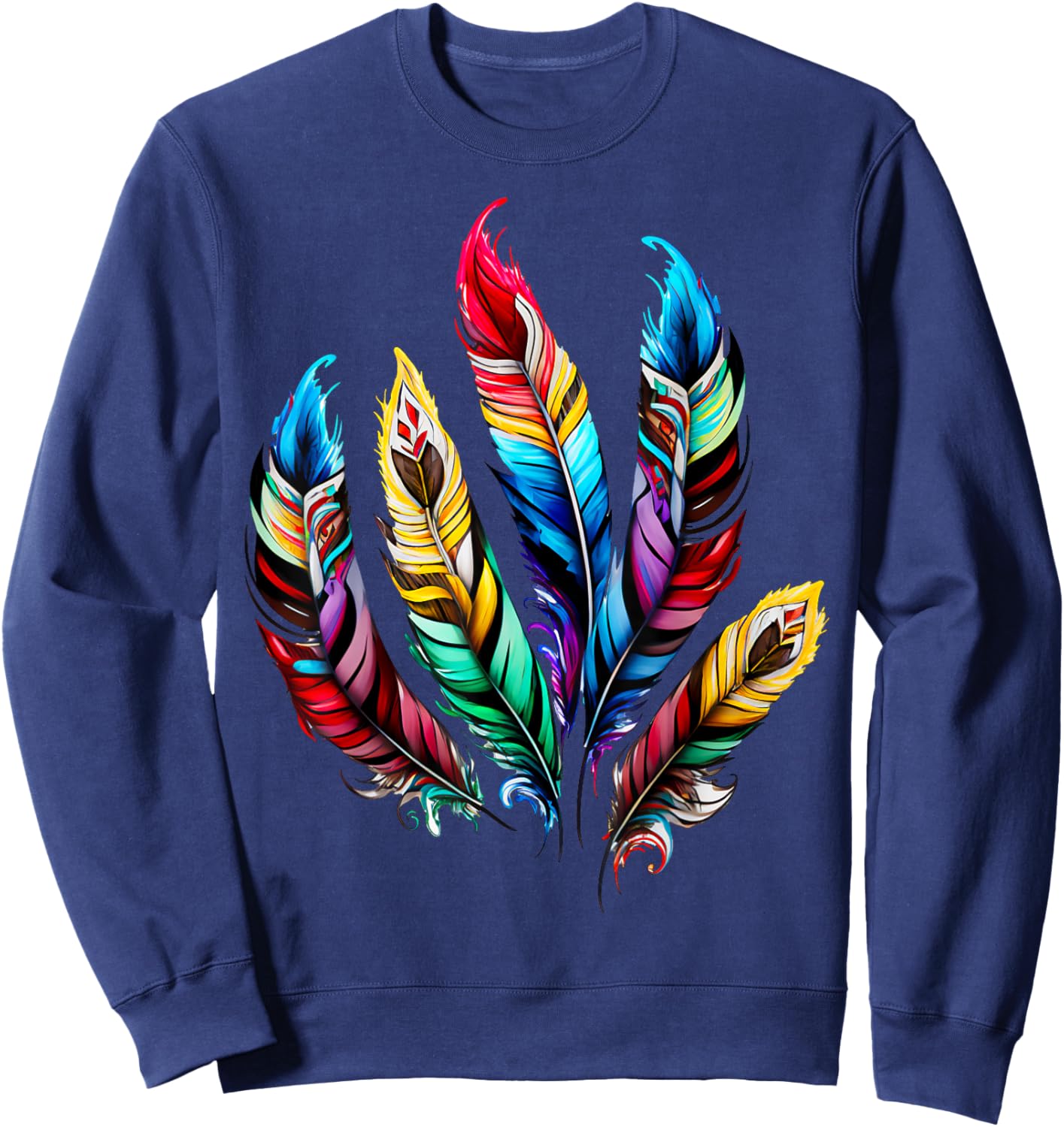 Colorful feathers boho ethnic style Indian bird pattern love Sweatshirt - Sweatshirt | Navy