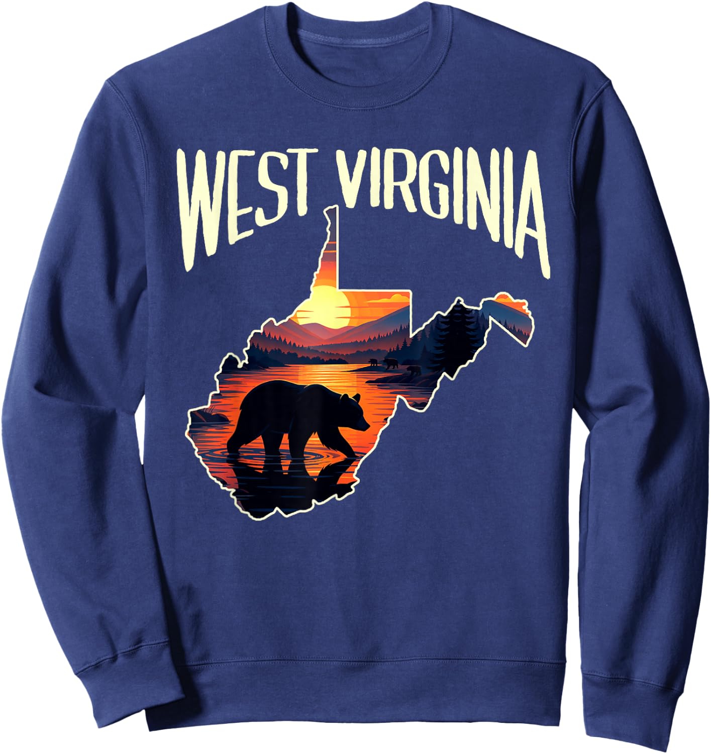 West Virginia State Map Traveling Souvenir Black Bear Sunset Sweatshirt - Sweatshirt | Navy