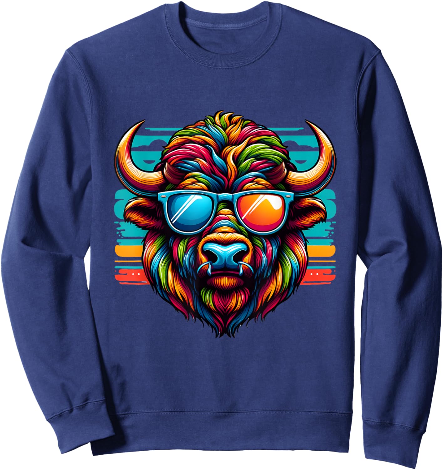 Colorful Art Bison Buffalo Wearing Sunglasses Cheerful Color Sweatshirt - Sweatshirt | Navy