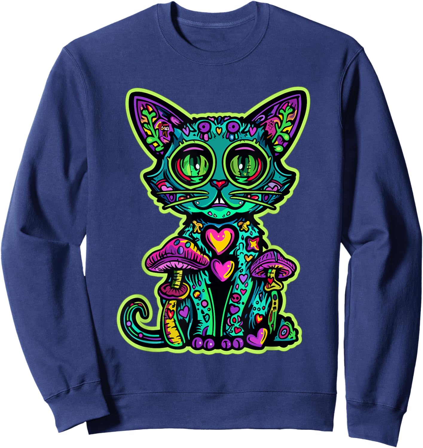 Psychedelic Cat Mushroom Art EDM Rave Men Women Sweatshirt - Sweatshirt | Navy