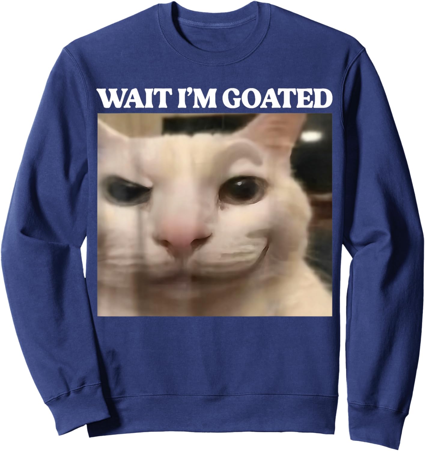 Wait I'm Goated Cat Funny Silly Cat Staring Cat Funny Meme Sweatshirt - Sweatshirt | Navy