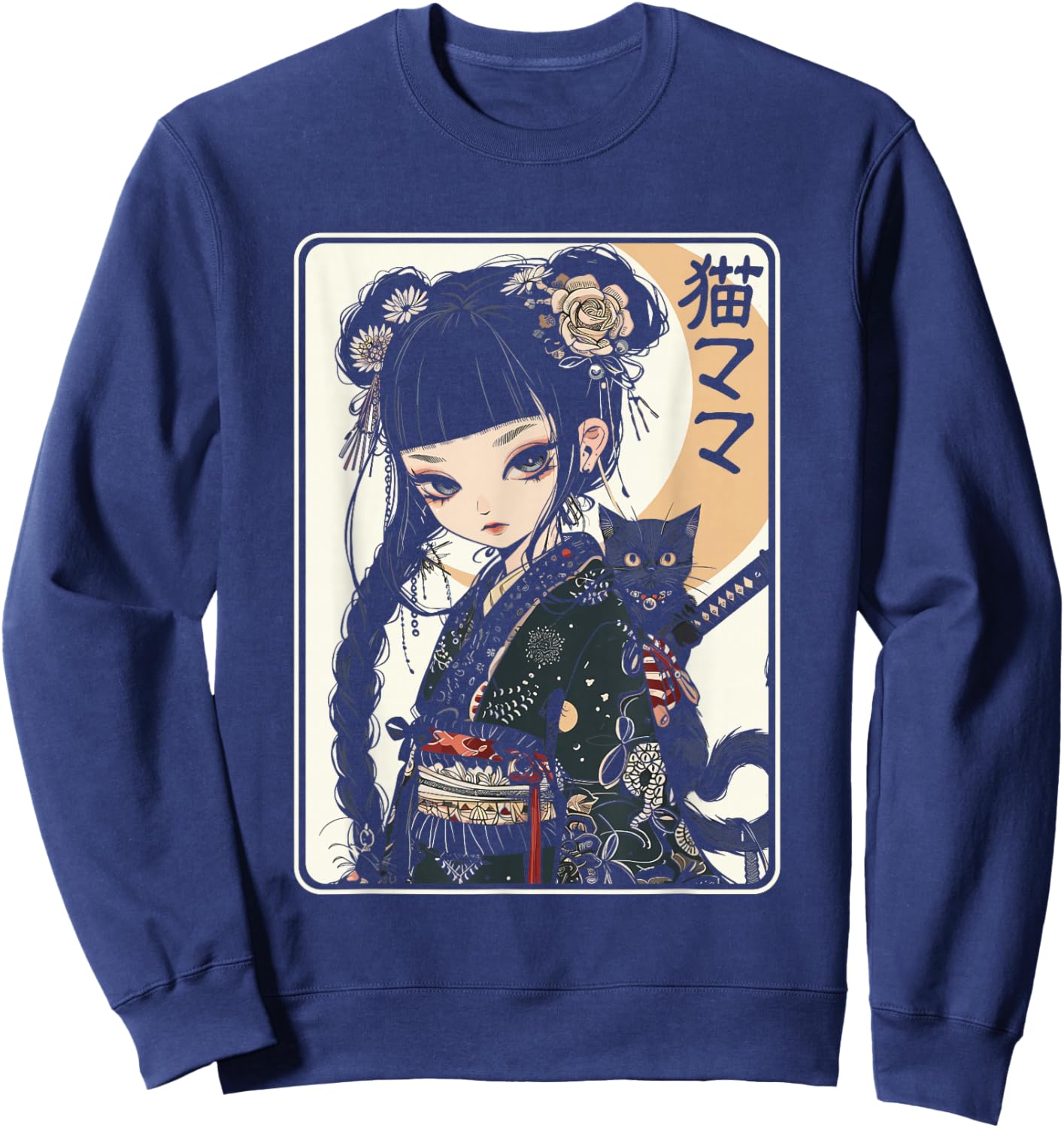 Japanese Gothic Kawaii Anime Samurai Cat Mom Woman Girls Sweatshirt - Sweatshirt | Navy