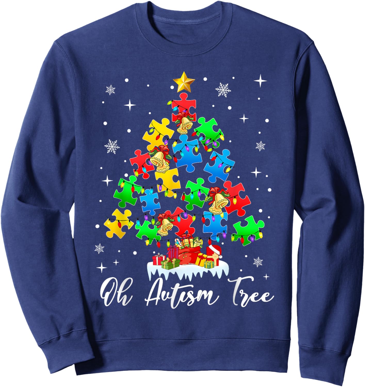 Autism Awareness Christmas Tree Holiday Gifts Black Short Sleeve Small Sweatshirt - Sweatshirt | Navy