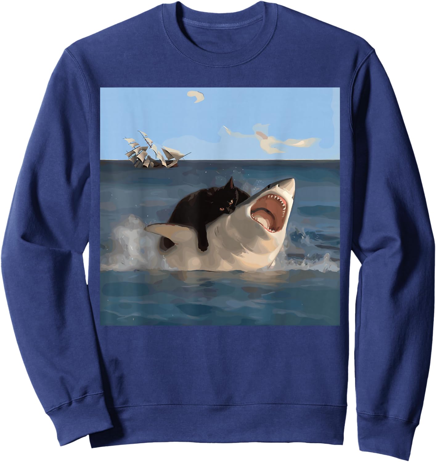 Funny Shark Biting Cat and Shark , Black, S Sweatshirt - Sweatshirt | Navy