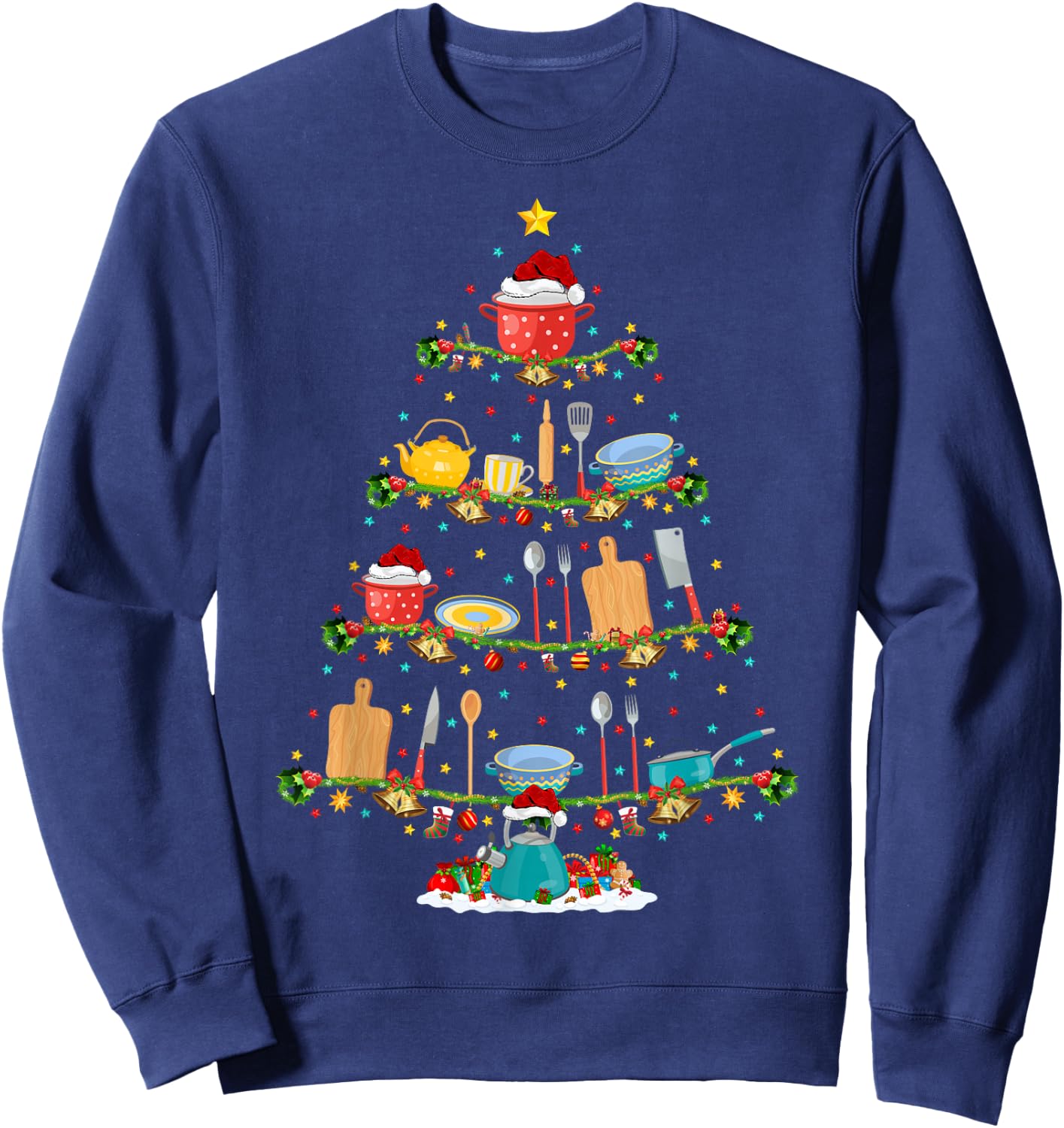Cooking Lover Lights Xmas Santa Cooking Christmas Tree Sweatshirt - Sweatshirt | Navy