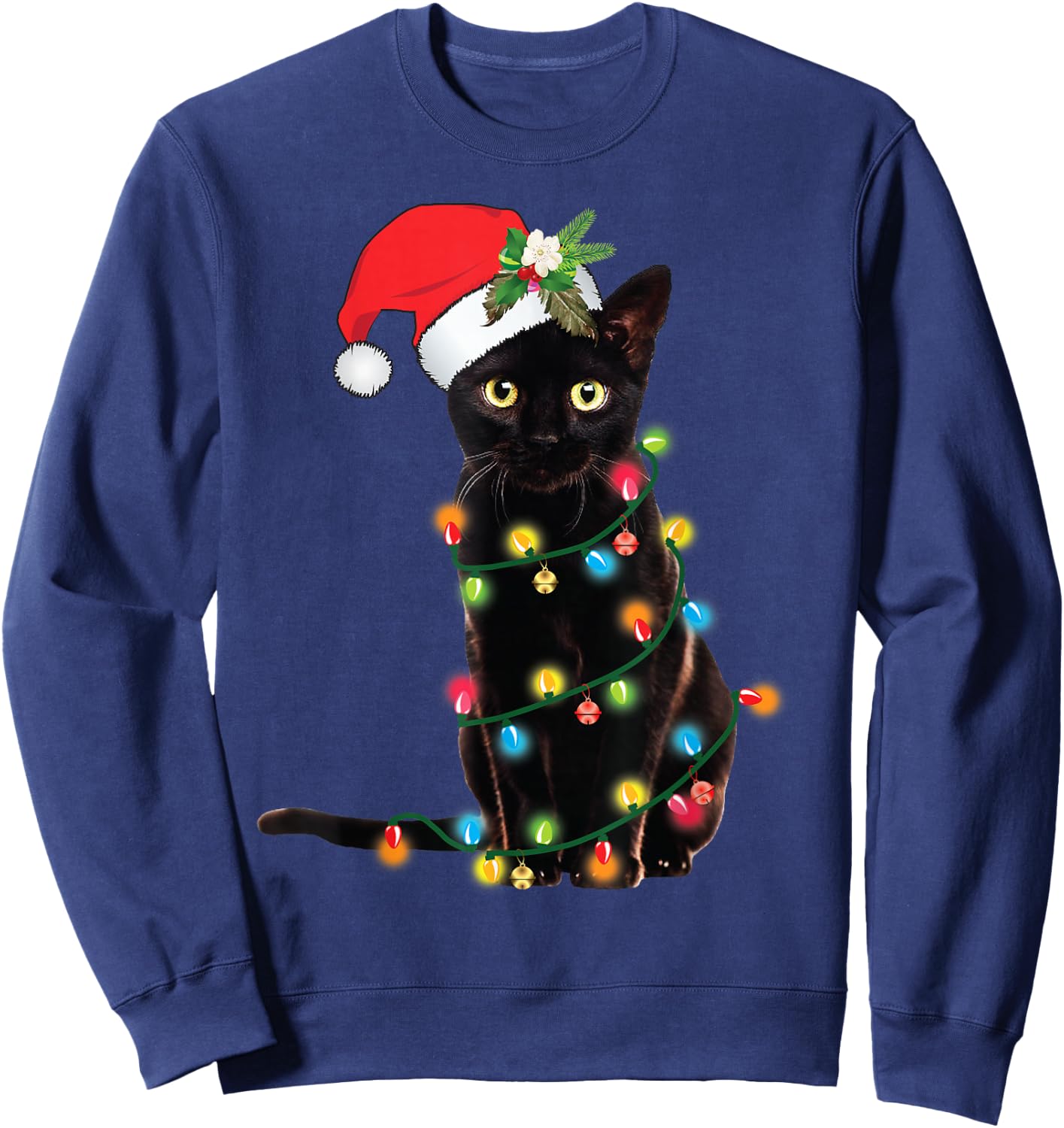 Santa Black Cat Tangled Up In Christmas Tree Lights Sweatshirt - Sweatshirt | Navy