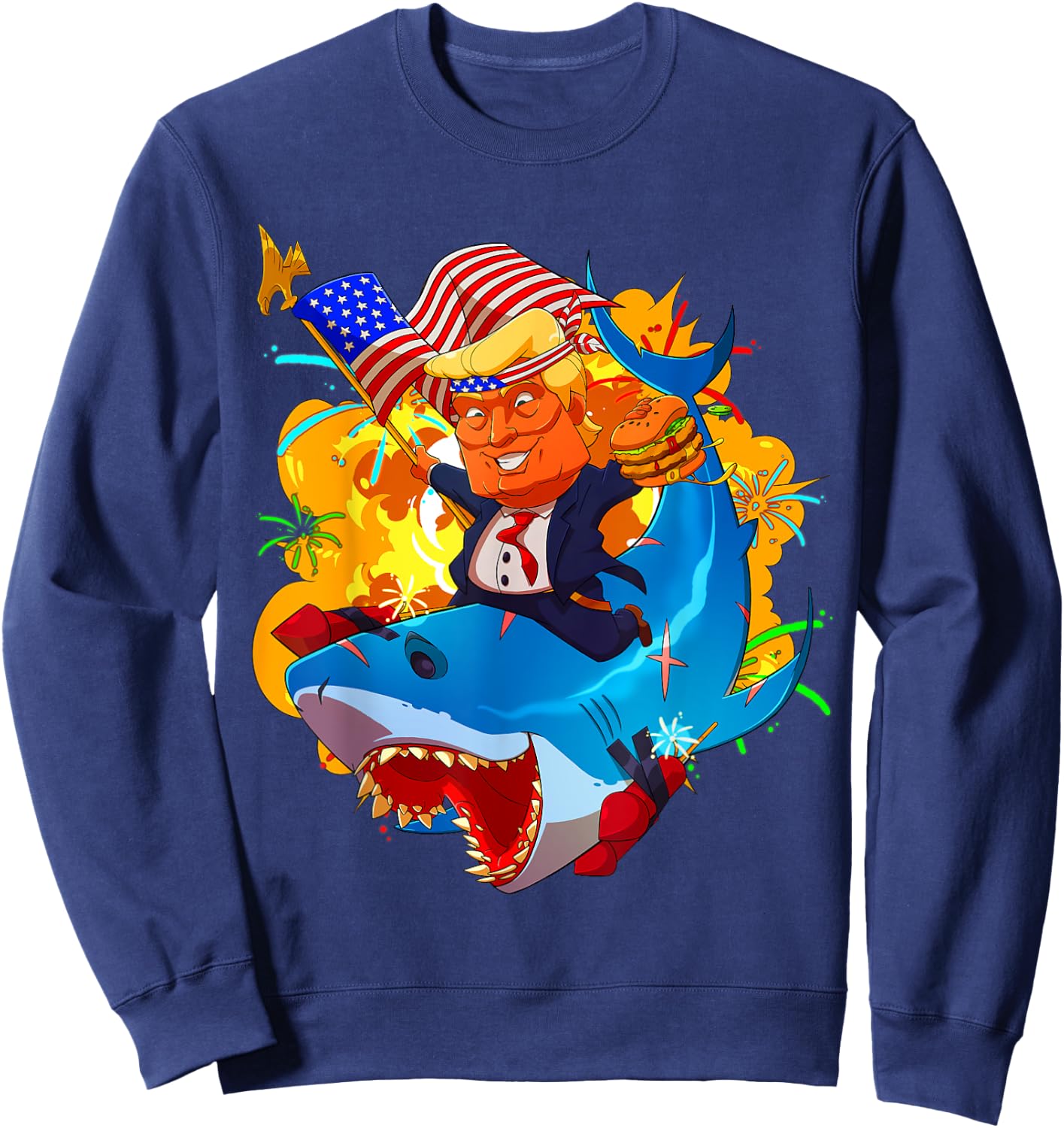 Trump Shark Patriotic Unique 4th of July American Flag Sweatshirt - Sweatshirt | Navy