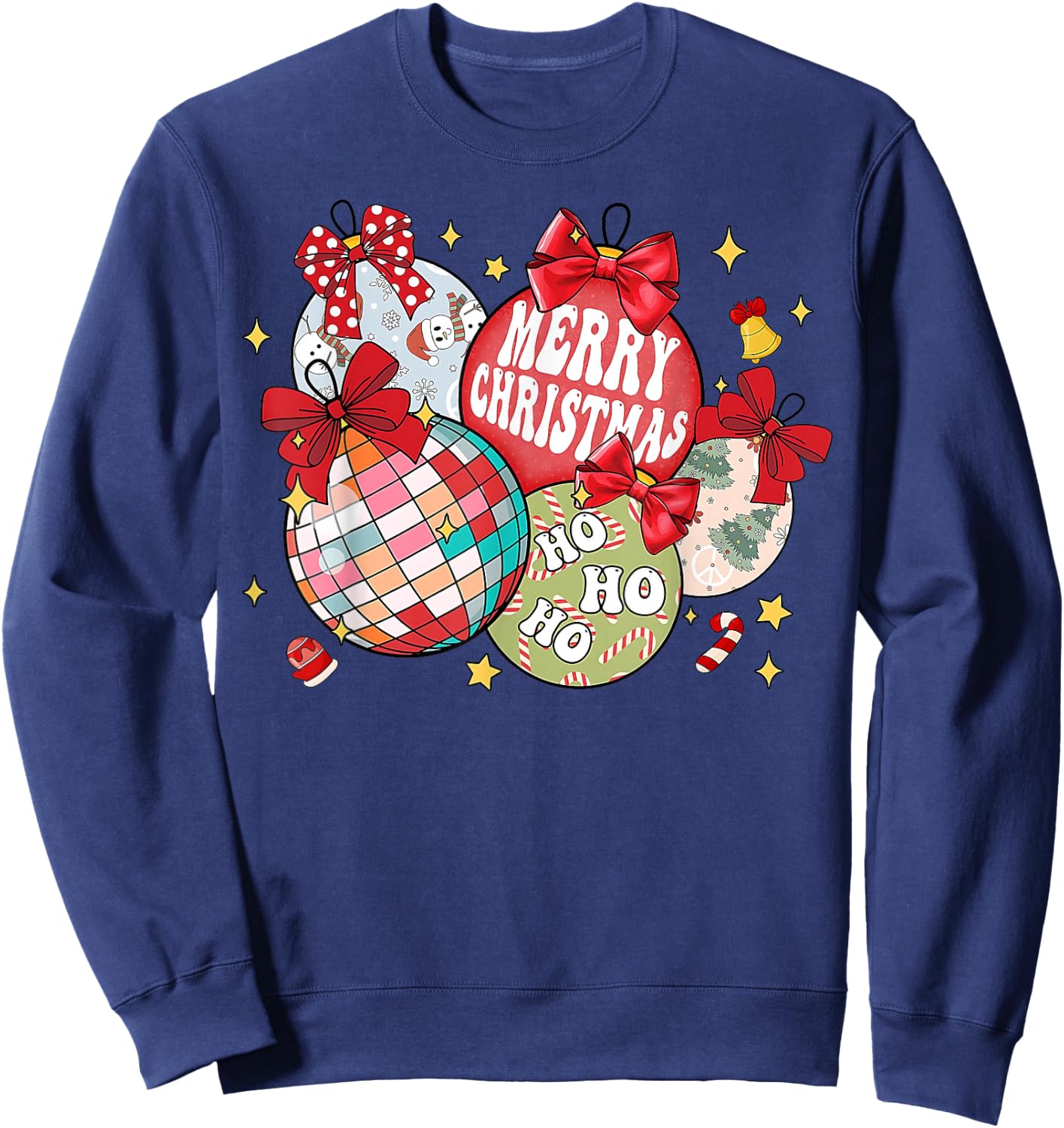 Merry Christmas Ornaments Disco Ball Coquette Bow Xmas Tree Sweatshirt - Sweatshirt | Navy
