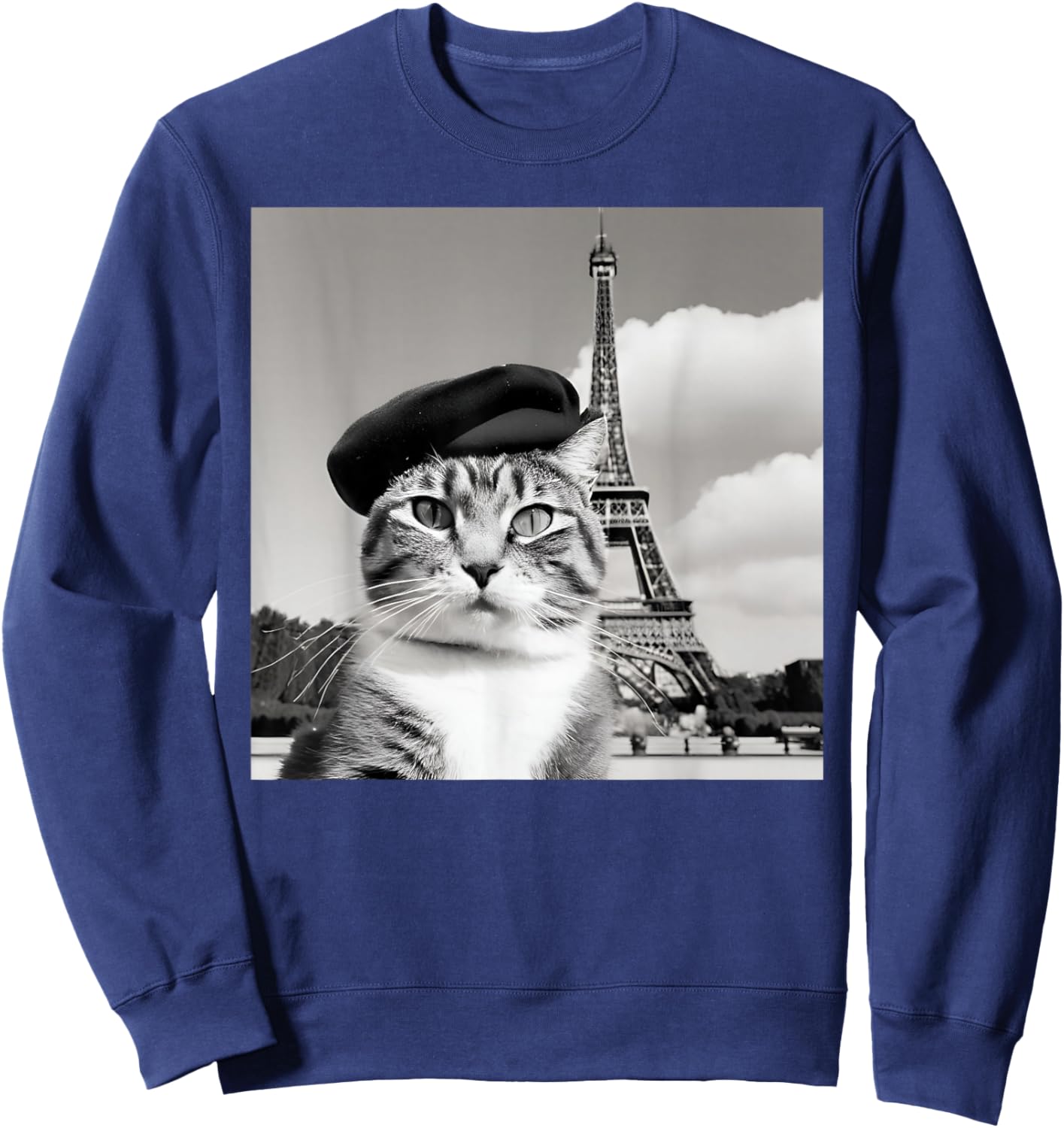 Funny Cat Wearing a Beret at The Eiffel Tower in France Sweatshirt - Sweatshirt | Navy