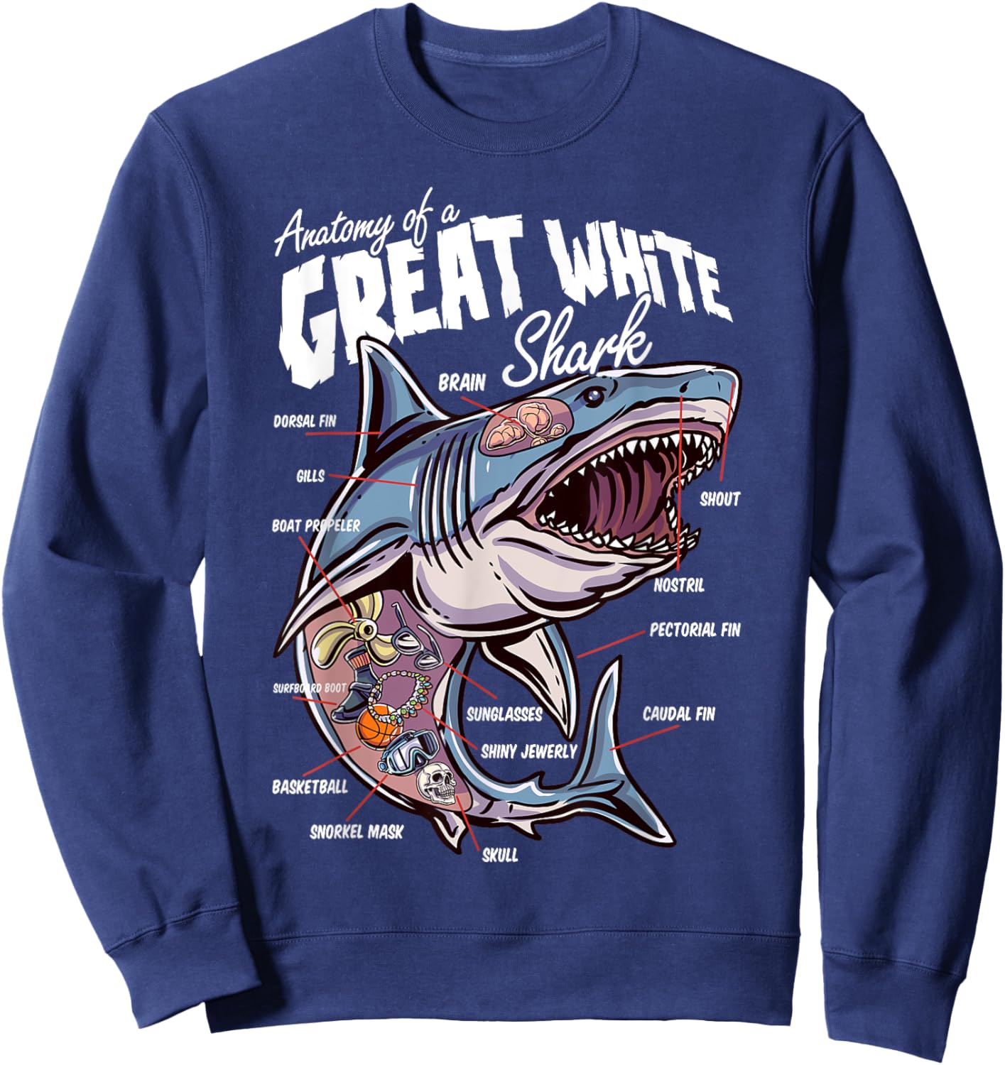 Anatomy of a White Shark Fish Shark Lover Educational Sweatshirt - Sweatshirt | Navy