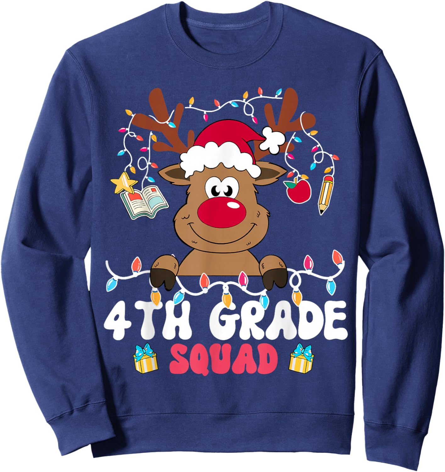 4th Grade Squad Reindeer Christmas Fourth Grade Teacher Xmas Sweatshirt - Sweatshirt | Navy