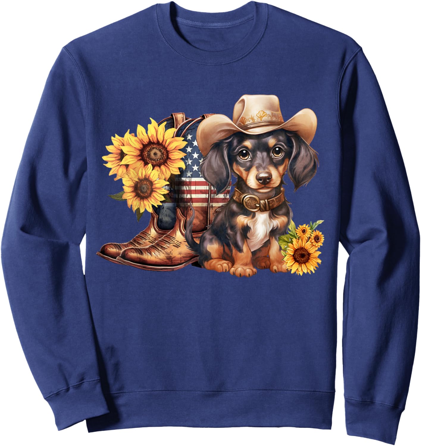 Patriotic Dachshund Dog Cowgirl Boots 4th Of July Sunflower Sweatshirt - Sweatshirt | Navy