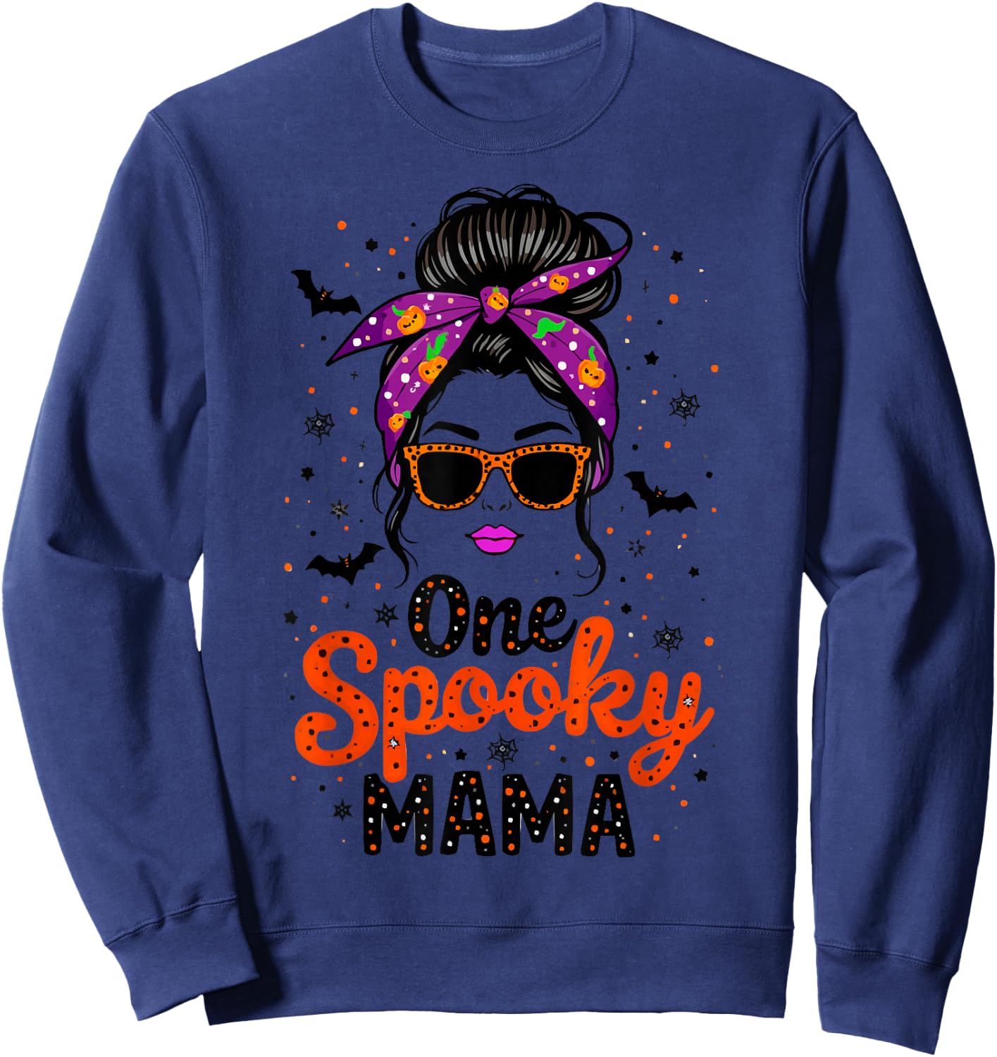 Funny One Spooky Mama Messy Bun Sunglasses Halloween Sweatshirt - Sweatshirt | Navy