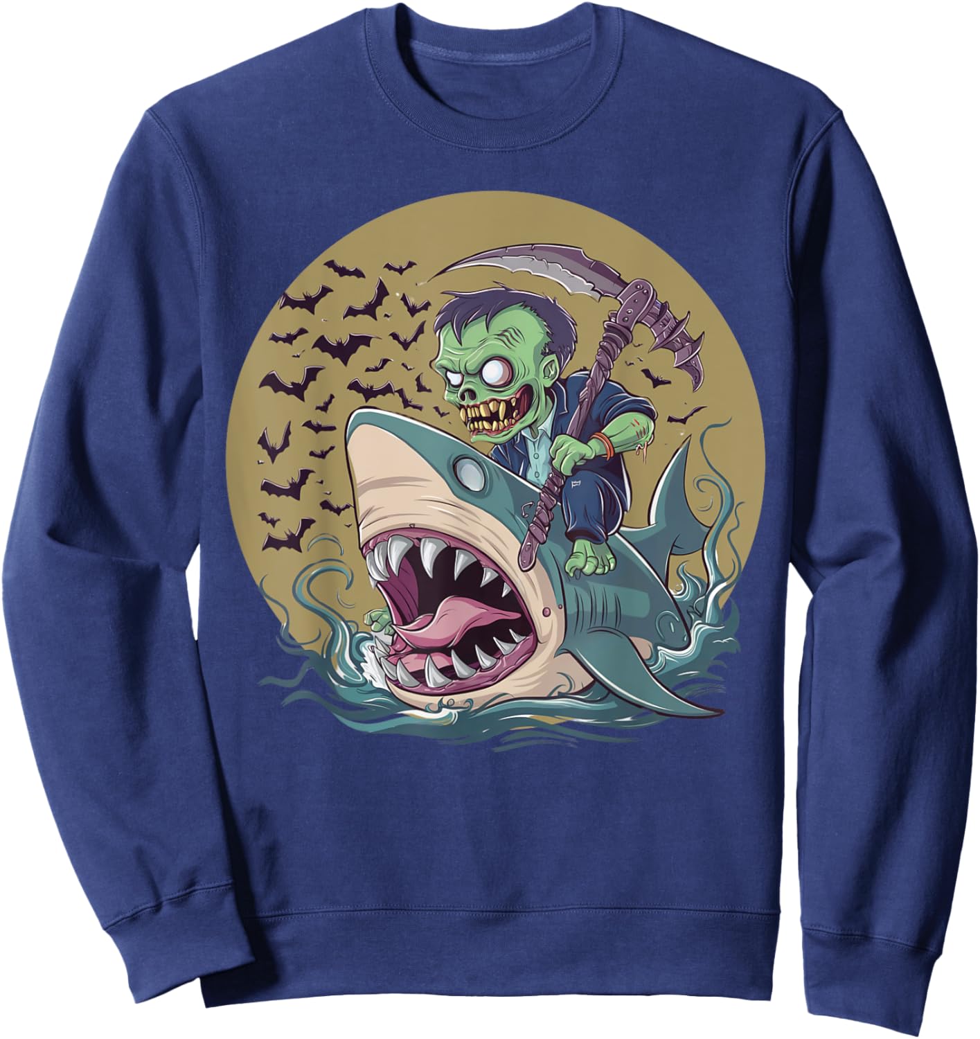 Funny Halloween Zombie Riding Shark Men Women Kid Girls Boys Sweatshirt - Sweatshirt | Navy