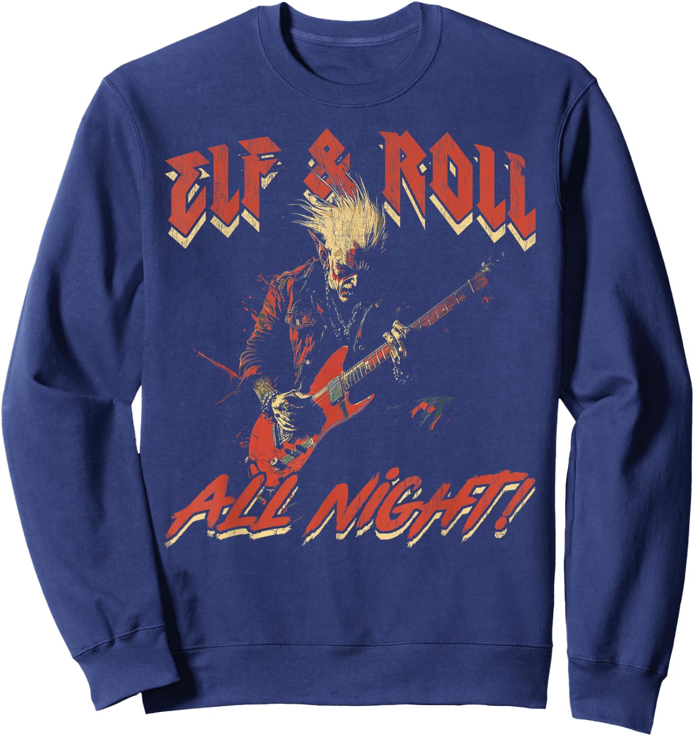 Elf & Roll All Night Rockin' Christmas Elf Music Sweatshirt - Sweatshirt | Navy