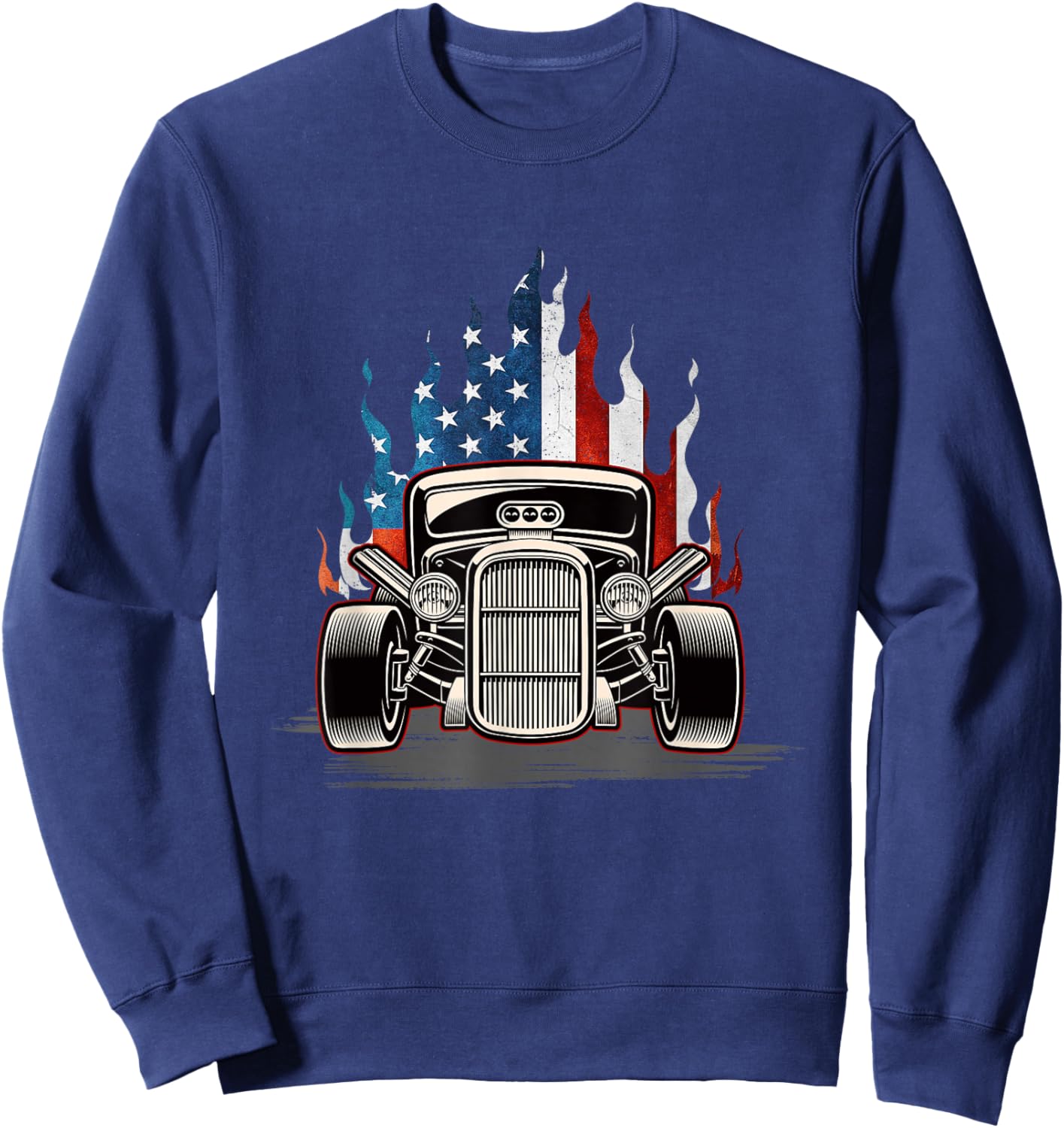 American Flag Vintage Hot Rod Veteran Memorial Day July 4 Sweatshirt - Sweatshirt | Navy