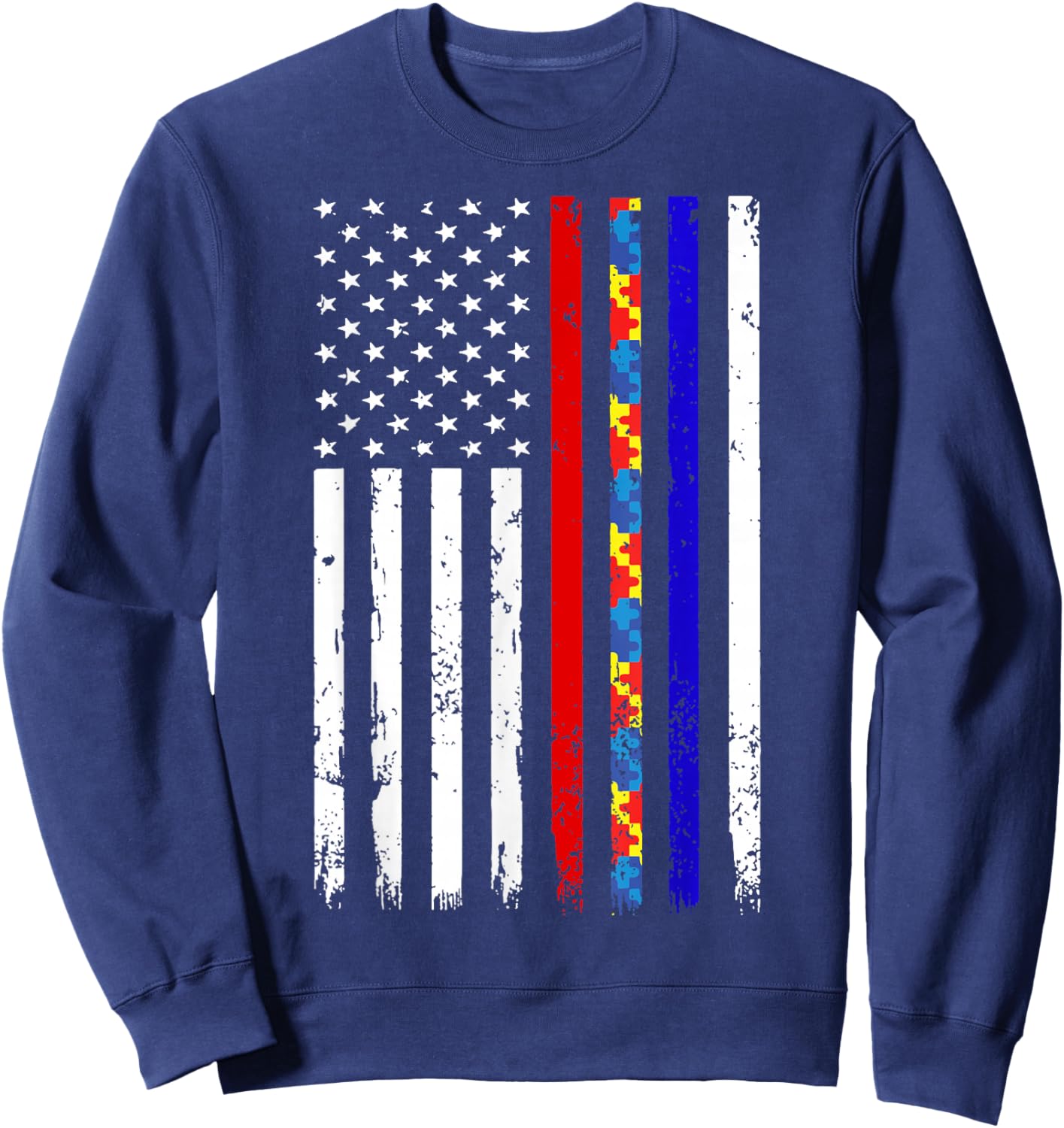 Thin Red Blue Line Police Firefighter Autism Awareness Gifts Sweatshirt - Sweatshirt | Navy