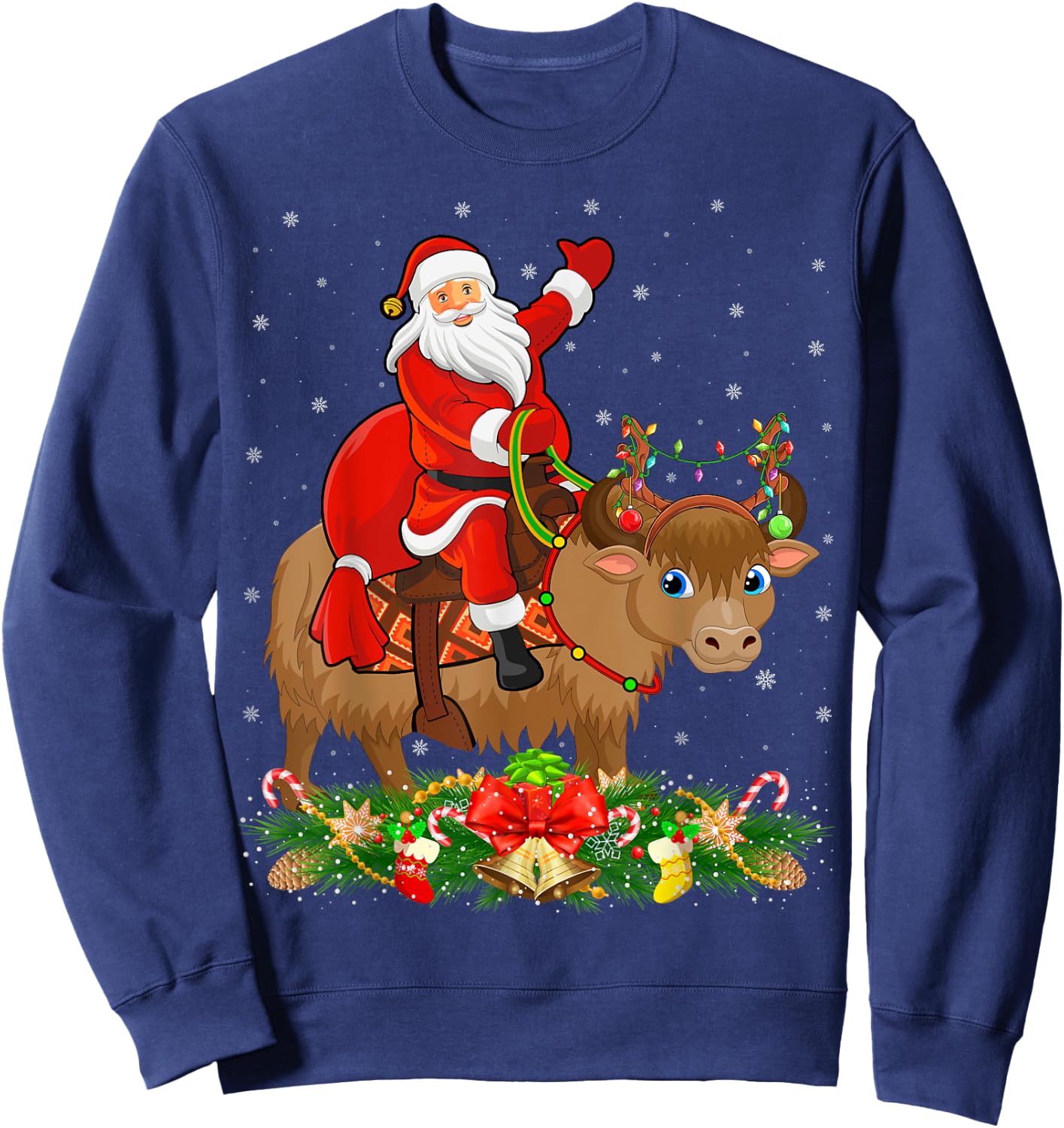 Xmas Decor Lights Funny Santa Riding Yak Christmas Sweatshirt - Sweatshirt | Navy