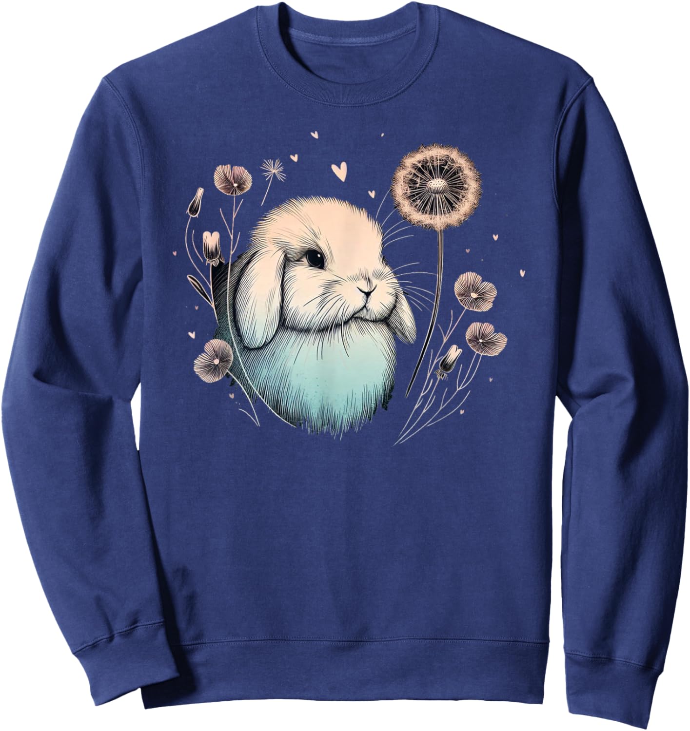 Love Holland Lop Rabbit Dandelion Floral Watercolor Bunny Sweatshirt - Sweatshirt | Navy