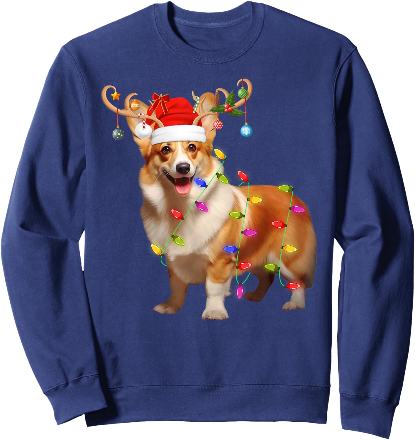 Corgi Dog Xmas Lights Reindeer Santa Corgi Dog Christmas Sweatshirt - Sweatshirt | Navy