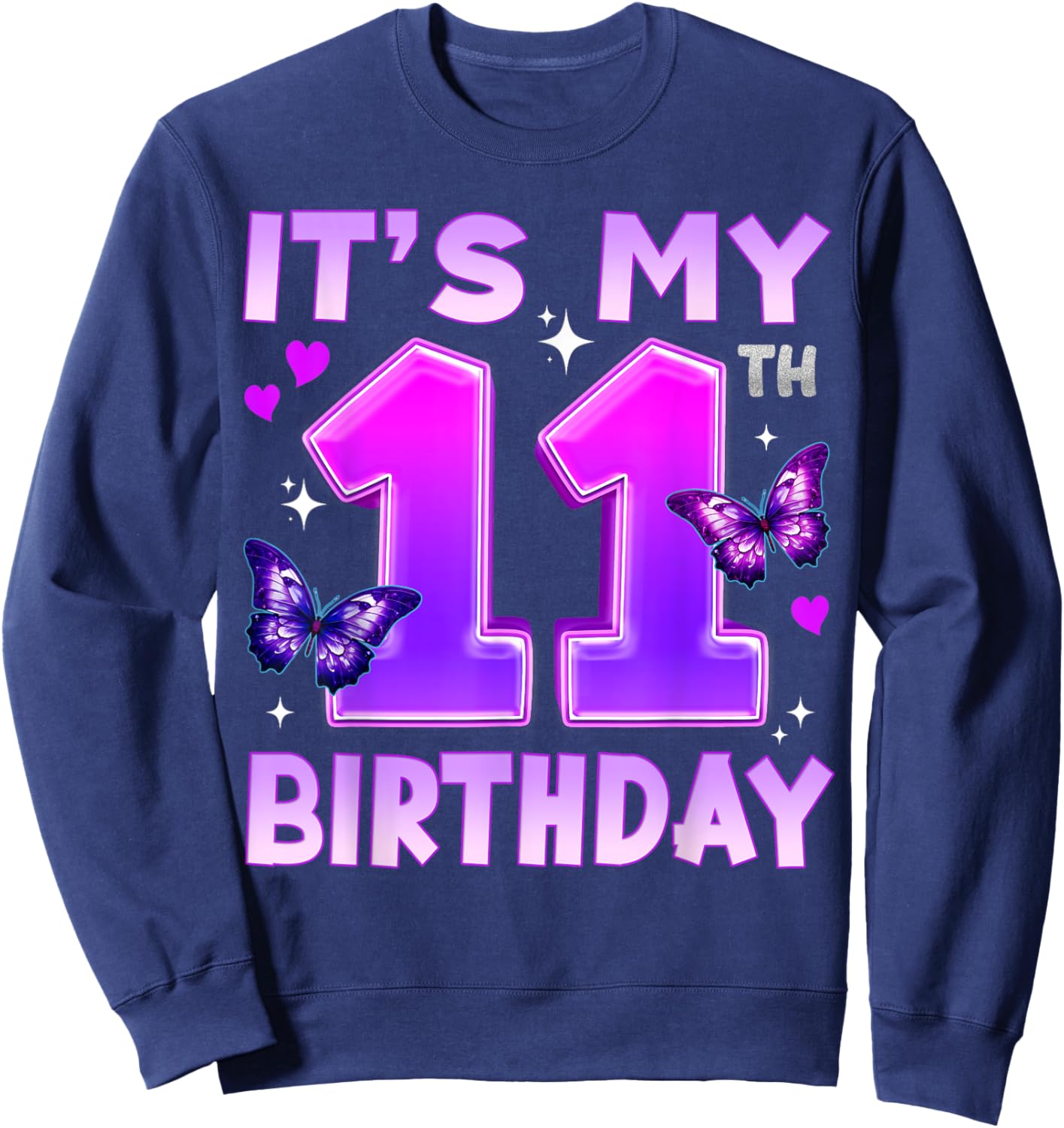 11th Birthday Cute Butterfly Bday 11 Year Old Birthday Girl Sweatshirt - Sweatshirt | Navy