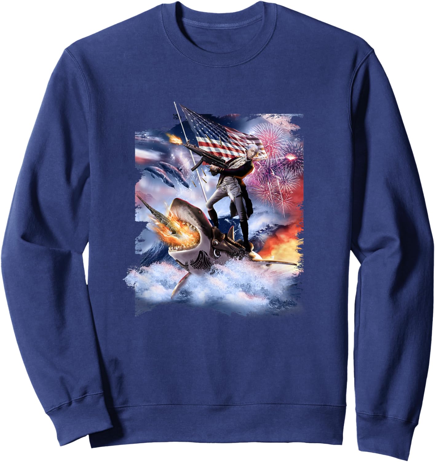 George Washington Riding Shark American Patriotic Funny Men Sweatshirt - Sweatshirt | Navy