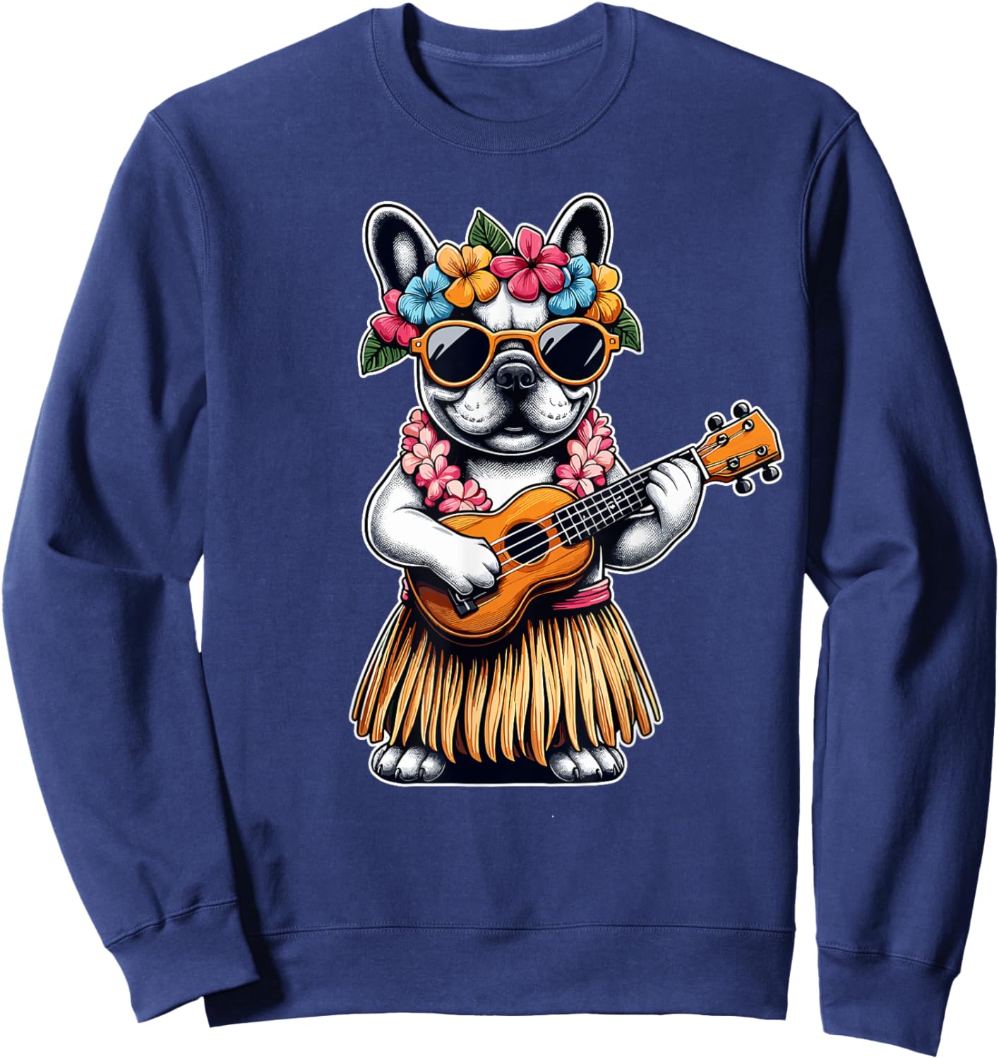 Hula Bulldog French Bulldog Ukulele Hawaiian Women Kids Sweatshirt - Sweatshirt | Navy
