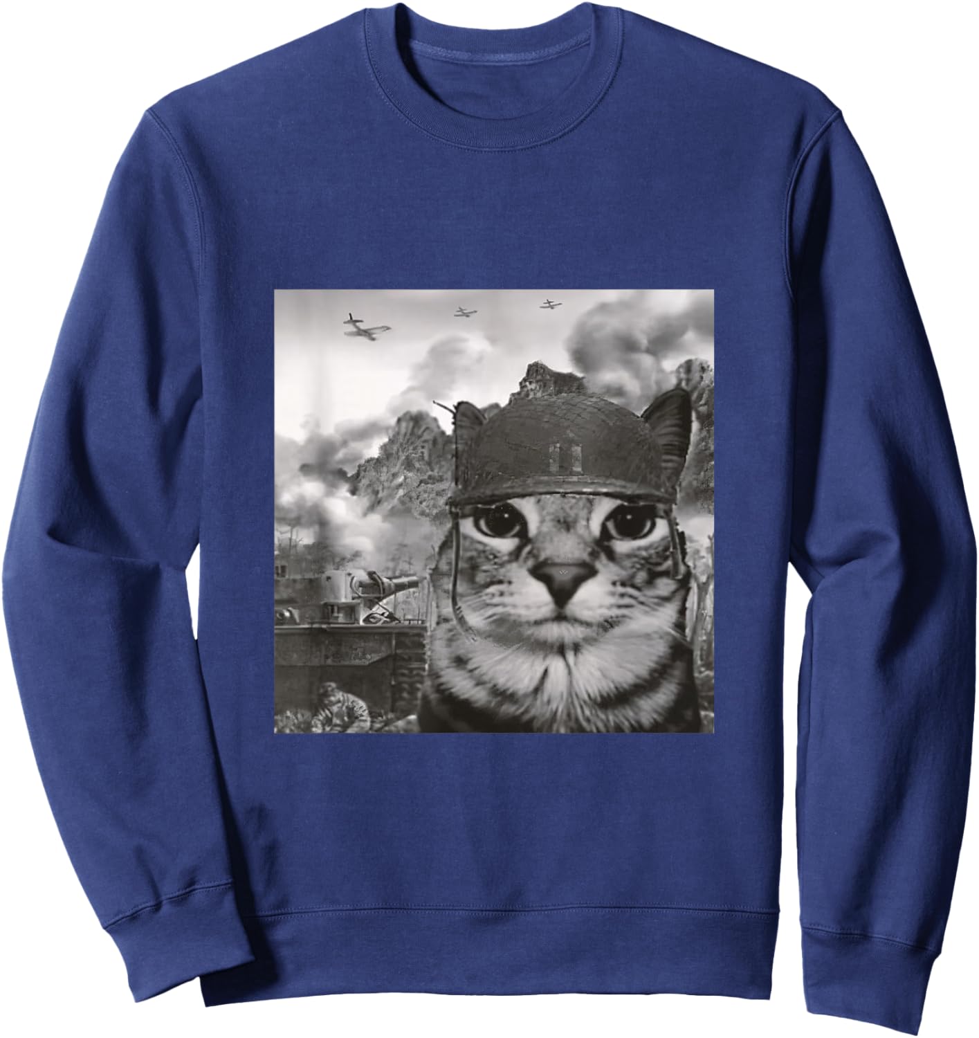 War Cat in The Battlefield, Kitten Soldier Selfie in Battle Sweatshirt - Sweatshirt | Navy
