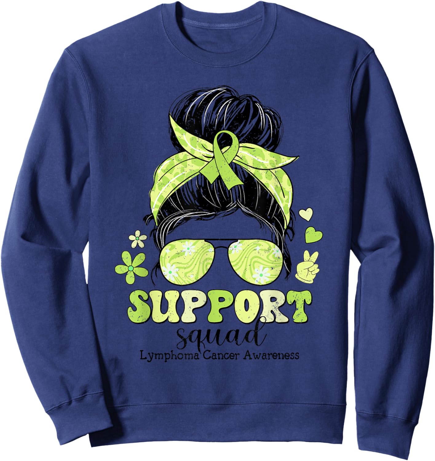 Groovy Support Squad Messy Bun Lymphoma Cancer Awareness Sweatshirt - Sweatshirt | Navy