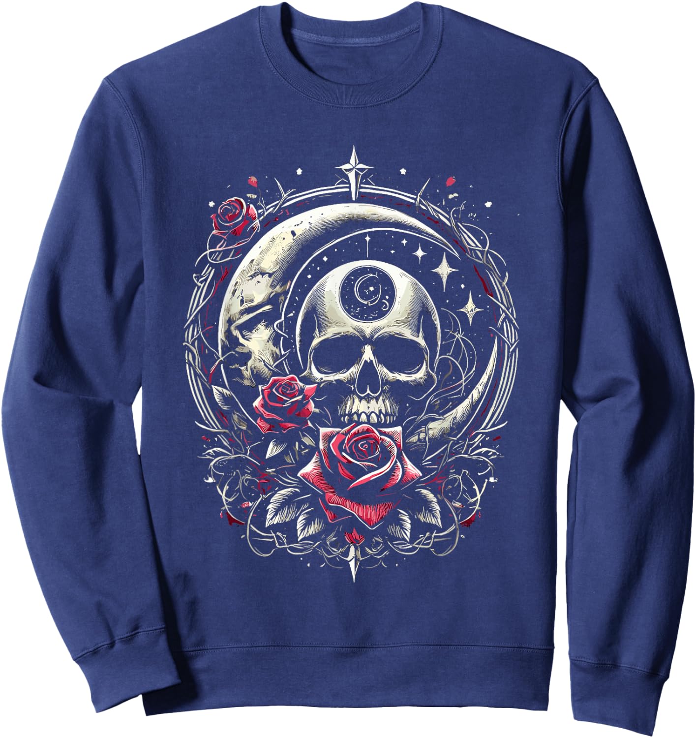Moon Rose Skull Gothic Illustration Emo Death Metal Punk Sweatshirt - Sweatshirt | Navy