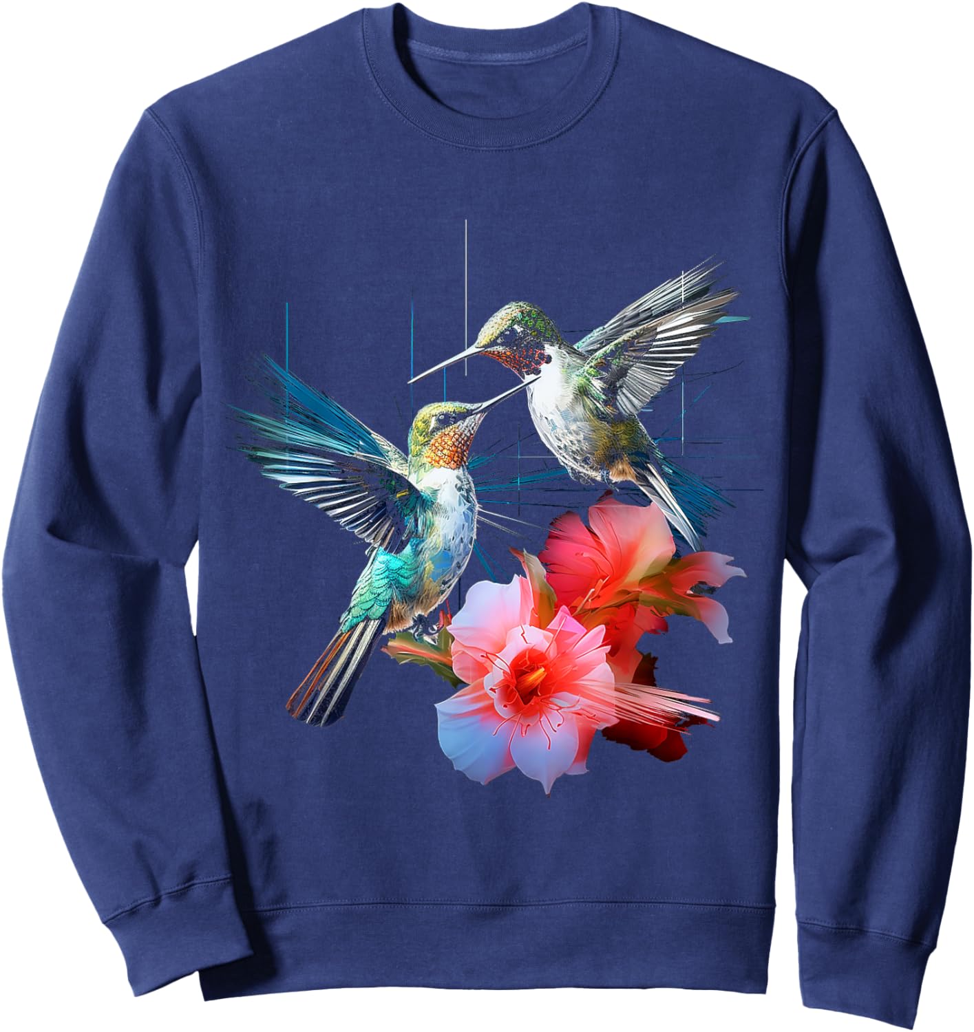 Hummingbird Flowers Fantasy Colorful Animal Art Bird Sweatshirt - Sweatshirt | Navy