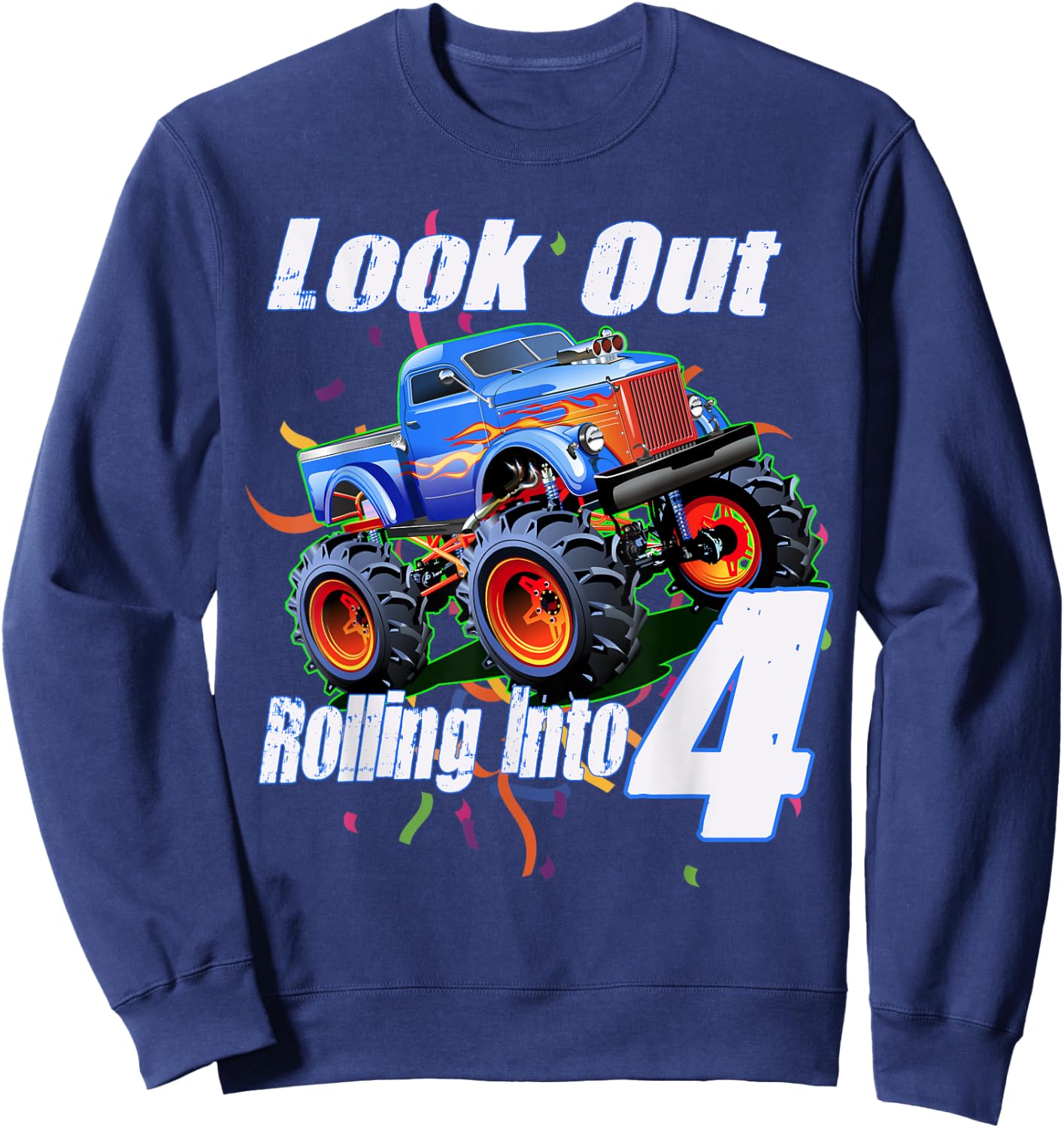 Kids 4 Year Old 4th Birthday Boy Monster Truck Car Sweatshirt - Sweatshirt | Navy