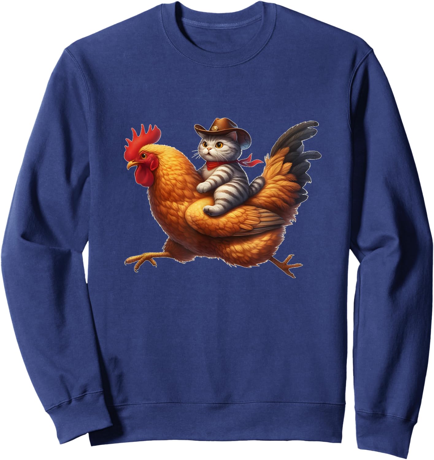 Funny Cat Riding Rooster Rodeo Cowboy Cat Riding Chicken Sweatshirt - Sweatshirt | Navy