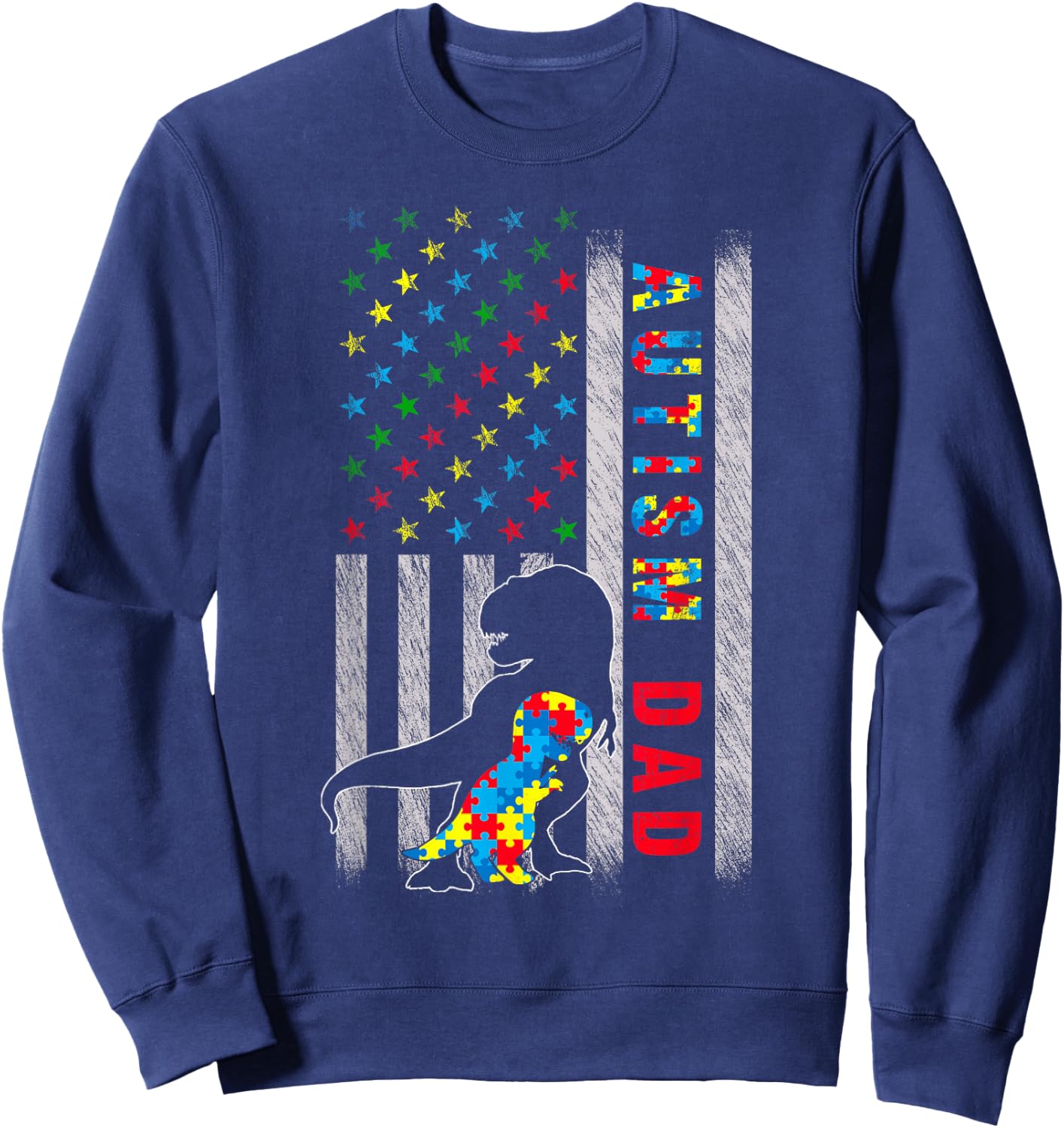 Autism Dad US Flag Dinosaur Autism Awareness Sweatshirt - Sweatshirt | Navy