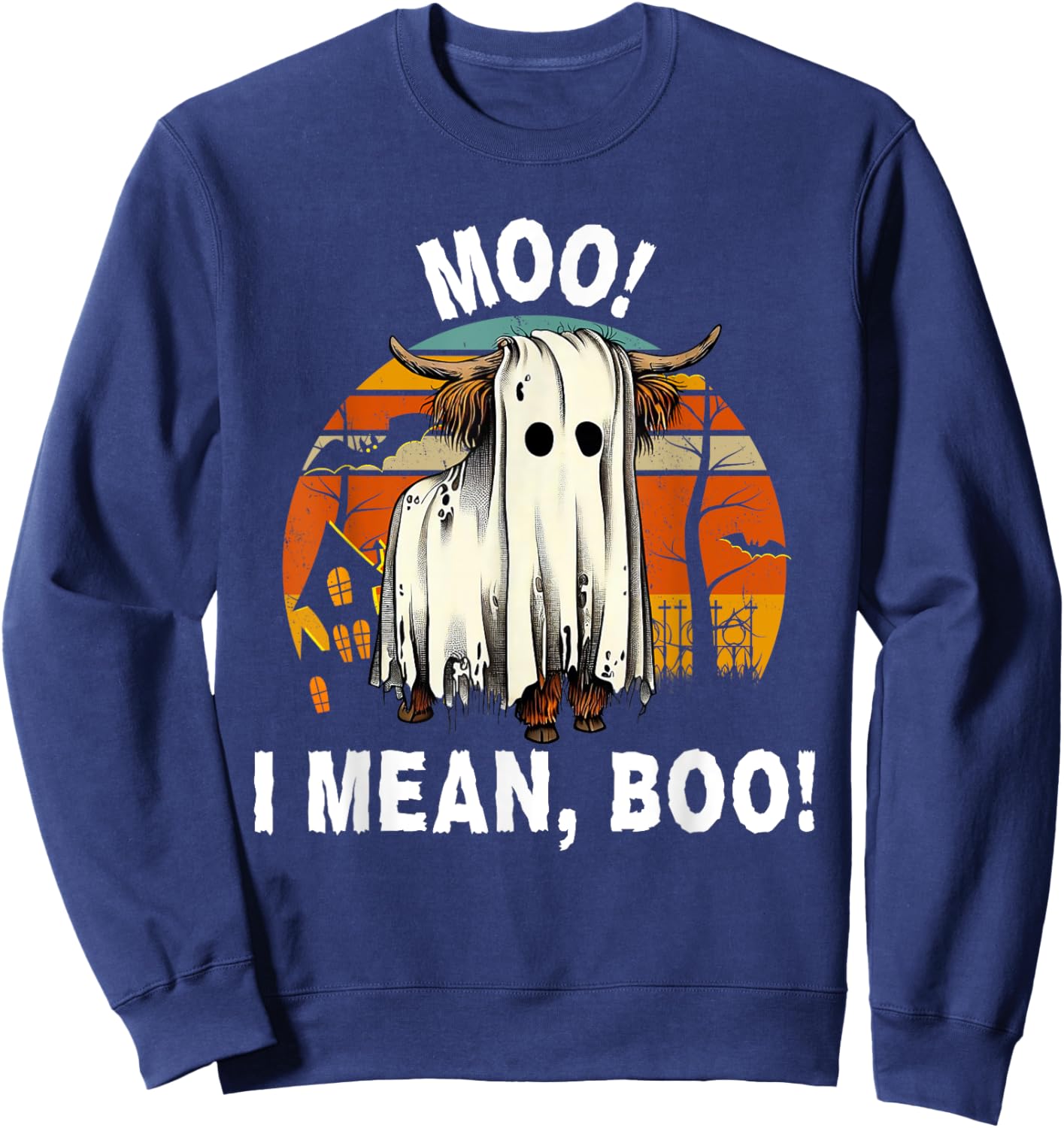 Funny Halloween Highland Cow, Cute Vintage Ghost Cow Sweatshirt - Sweatshirt | Navy