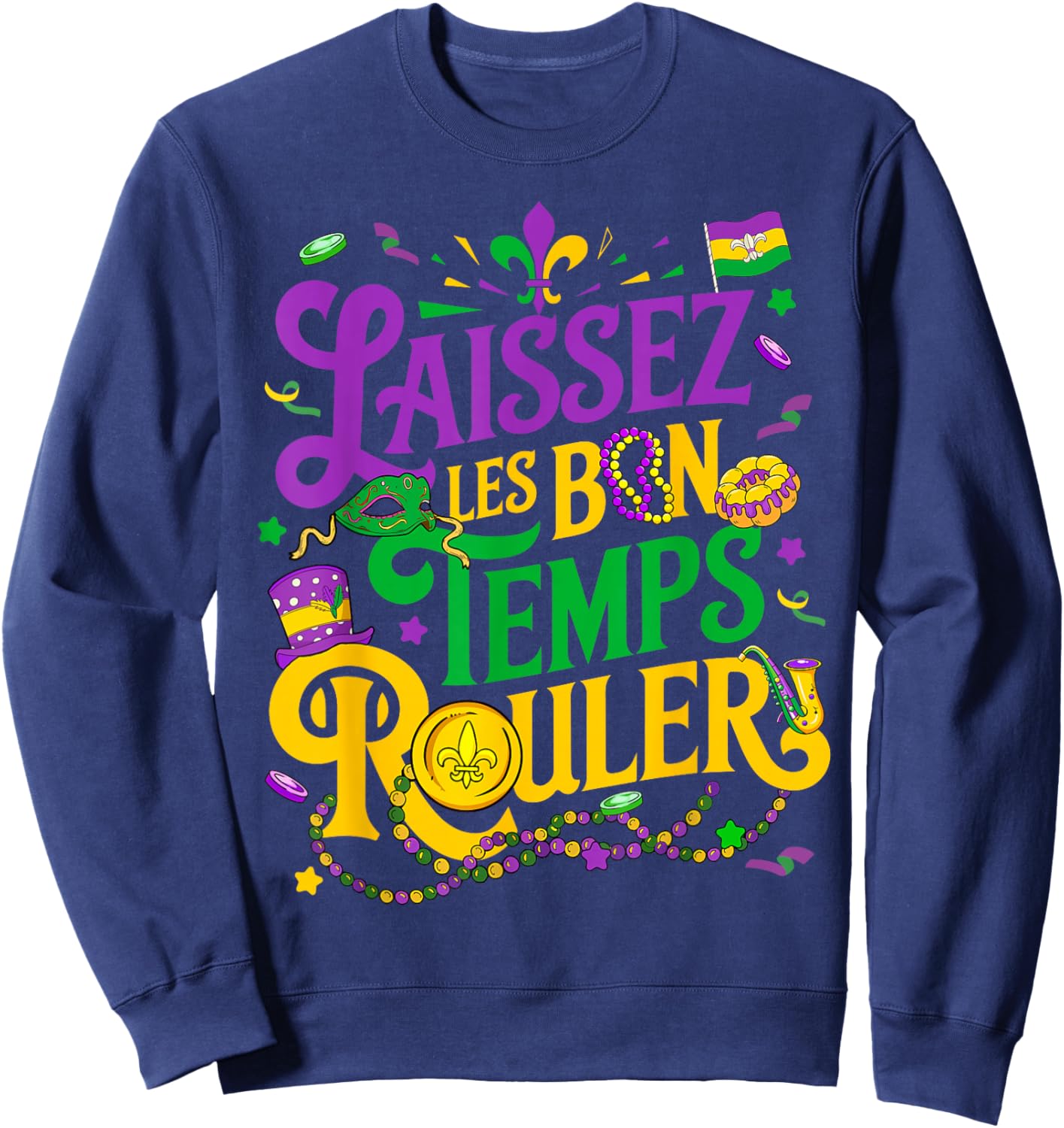 Laissez Les Bon Temps Rouler Mardi Gras Beads Fleur De Lis Sweatshirt - Sweatshirt | Navy