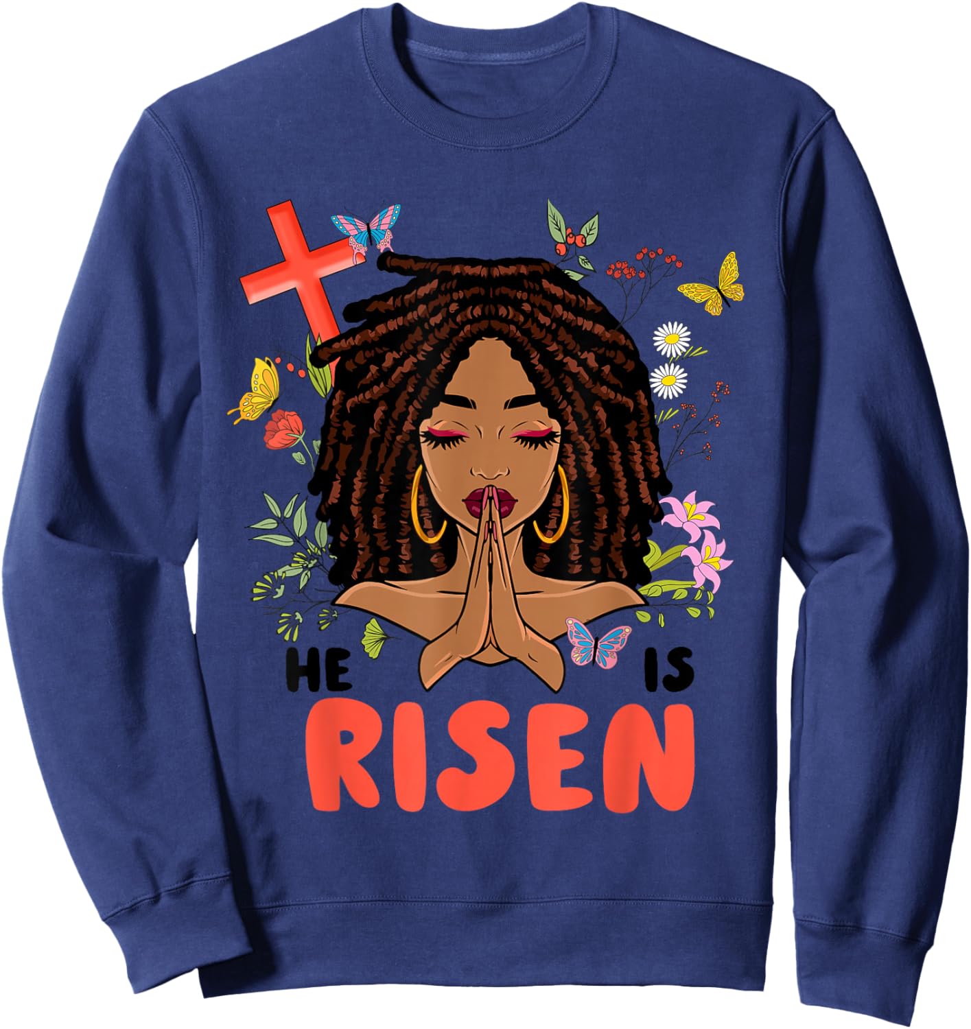 He Is Risen Afro African Locs Pray Women Girls Easter Day Sweatshirt - Sweatshirt | Navy