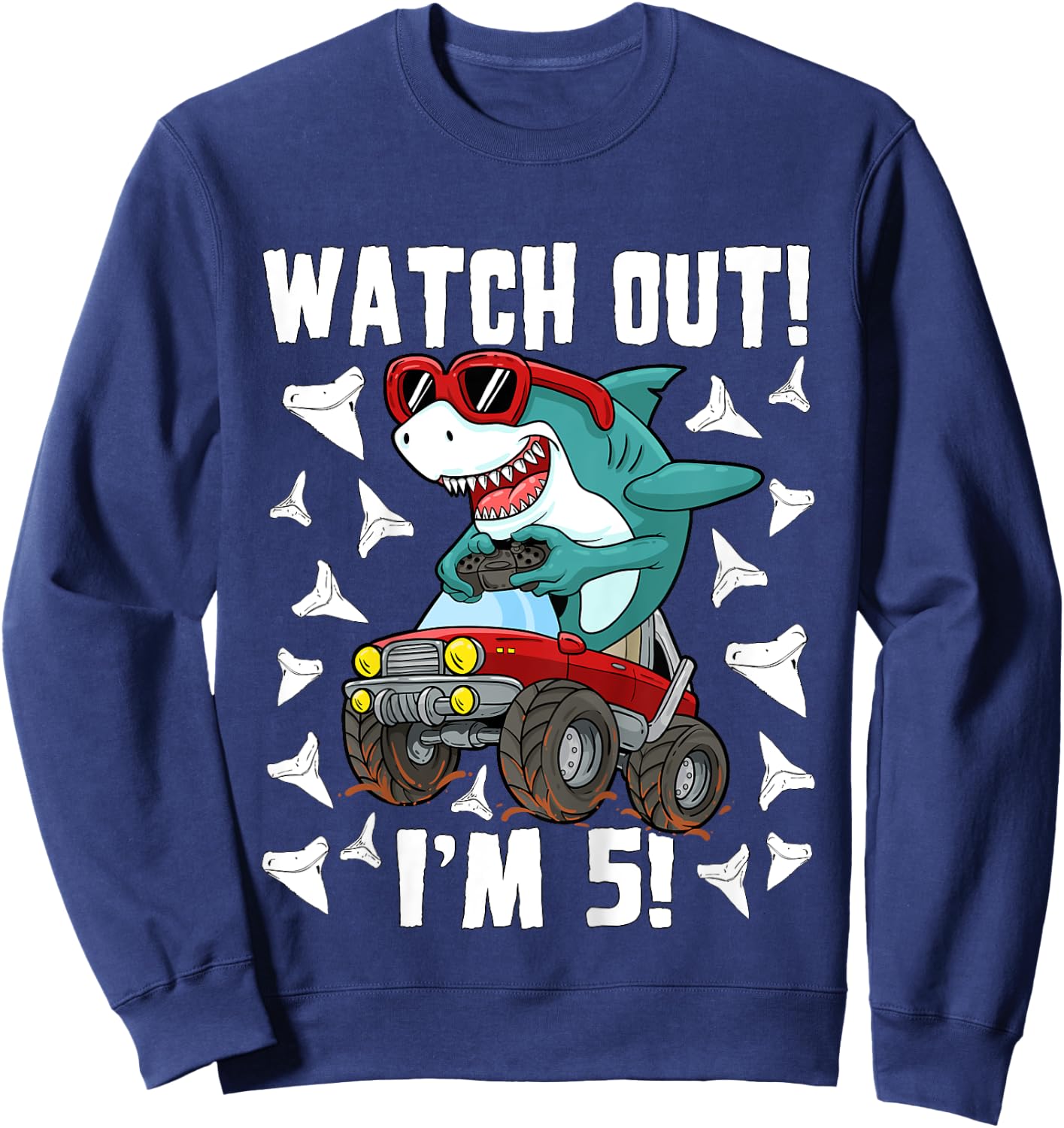 5 Years Old 5th Birthday Shark Boy Girl Monster Truck Gamer Sweatshirt - Sweatshirt | Navy