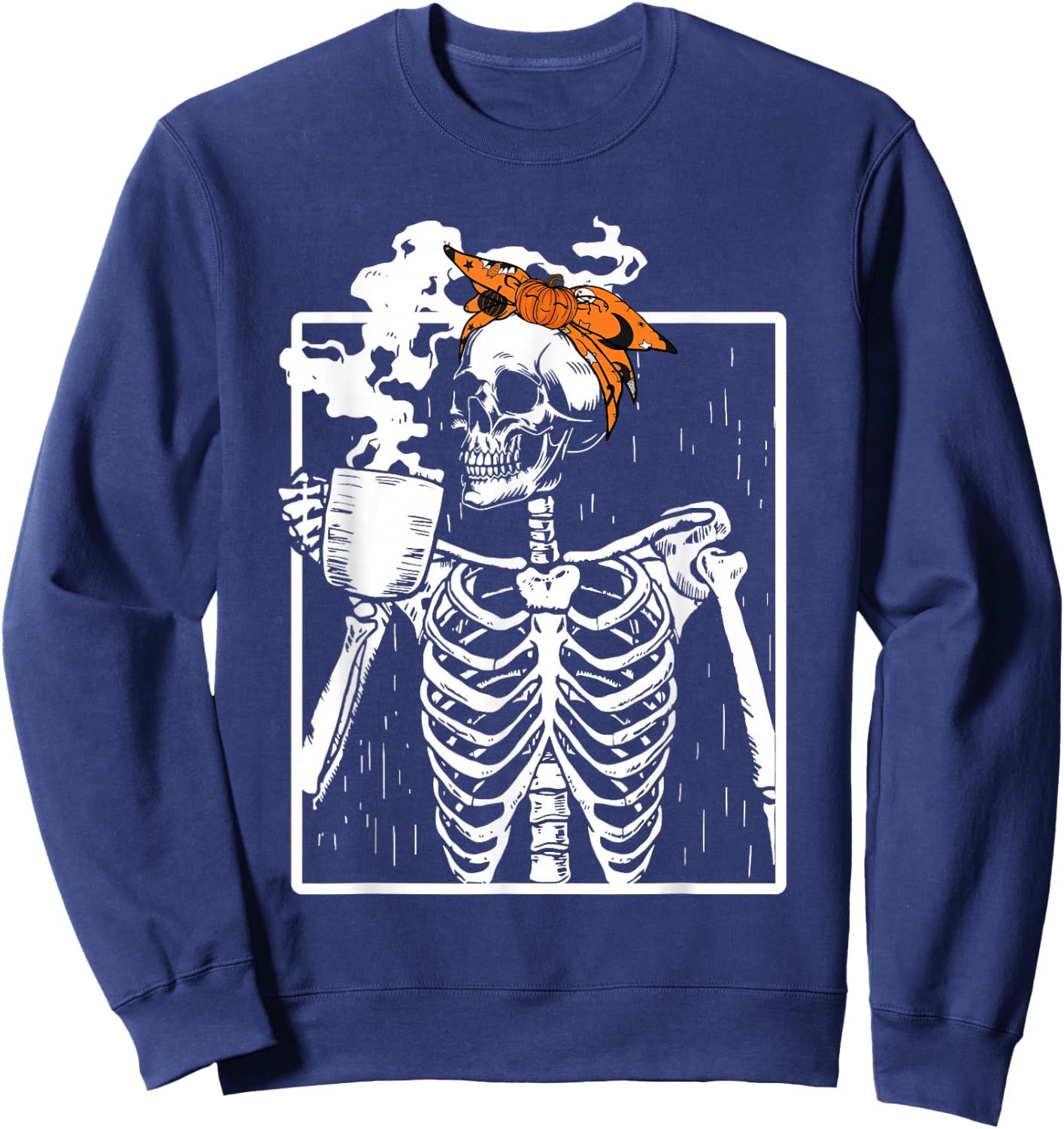 Coffee Drinking Skeleton DIY Halloween Messy Bun Women Girl Sweatshirt - Sweatshirt | Navy