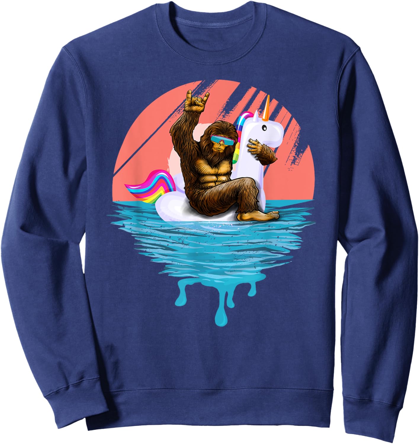 Sasquatch Riding Unicorn Floaty Pool Party Outfit Bigfoot Sweatshirt - Sweatshirt | Navy