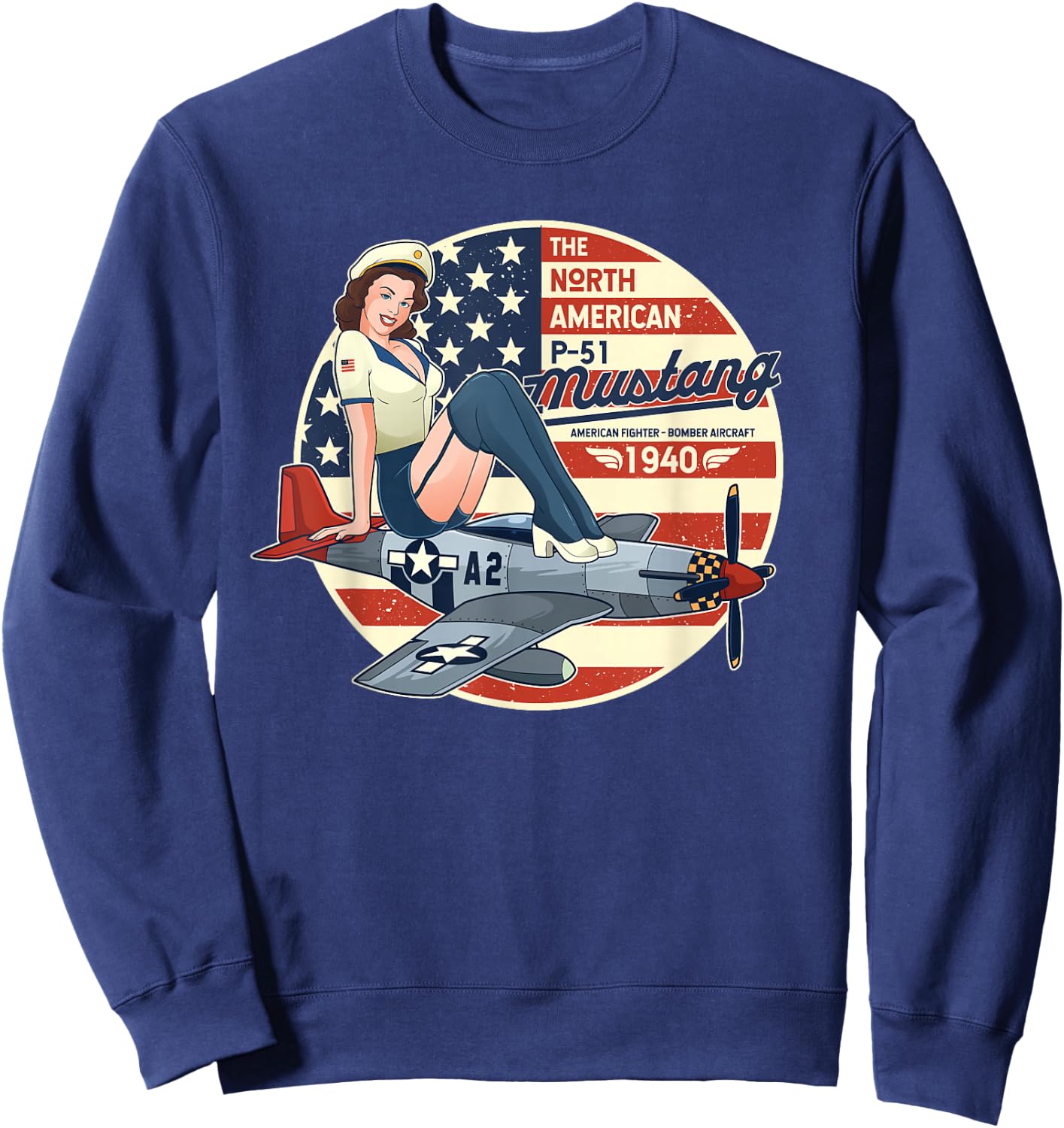 P51 Mustang T Shirt Airplane Shirts WWII Shirt Pinup Sweatshirt - Sweatshirt | Navy